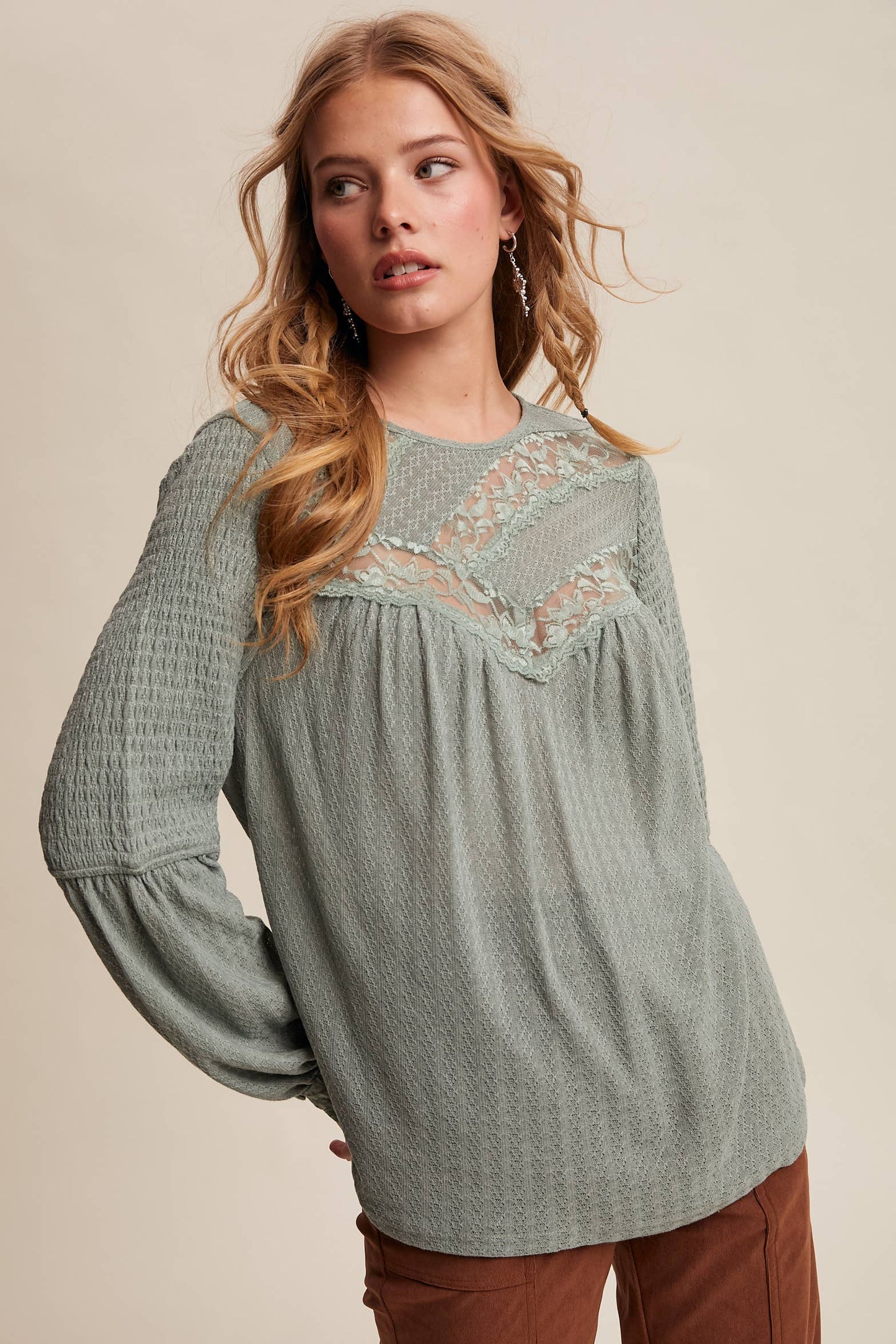 Lace Yoke Textured Knit Blouse