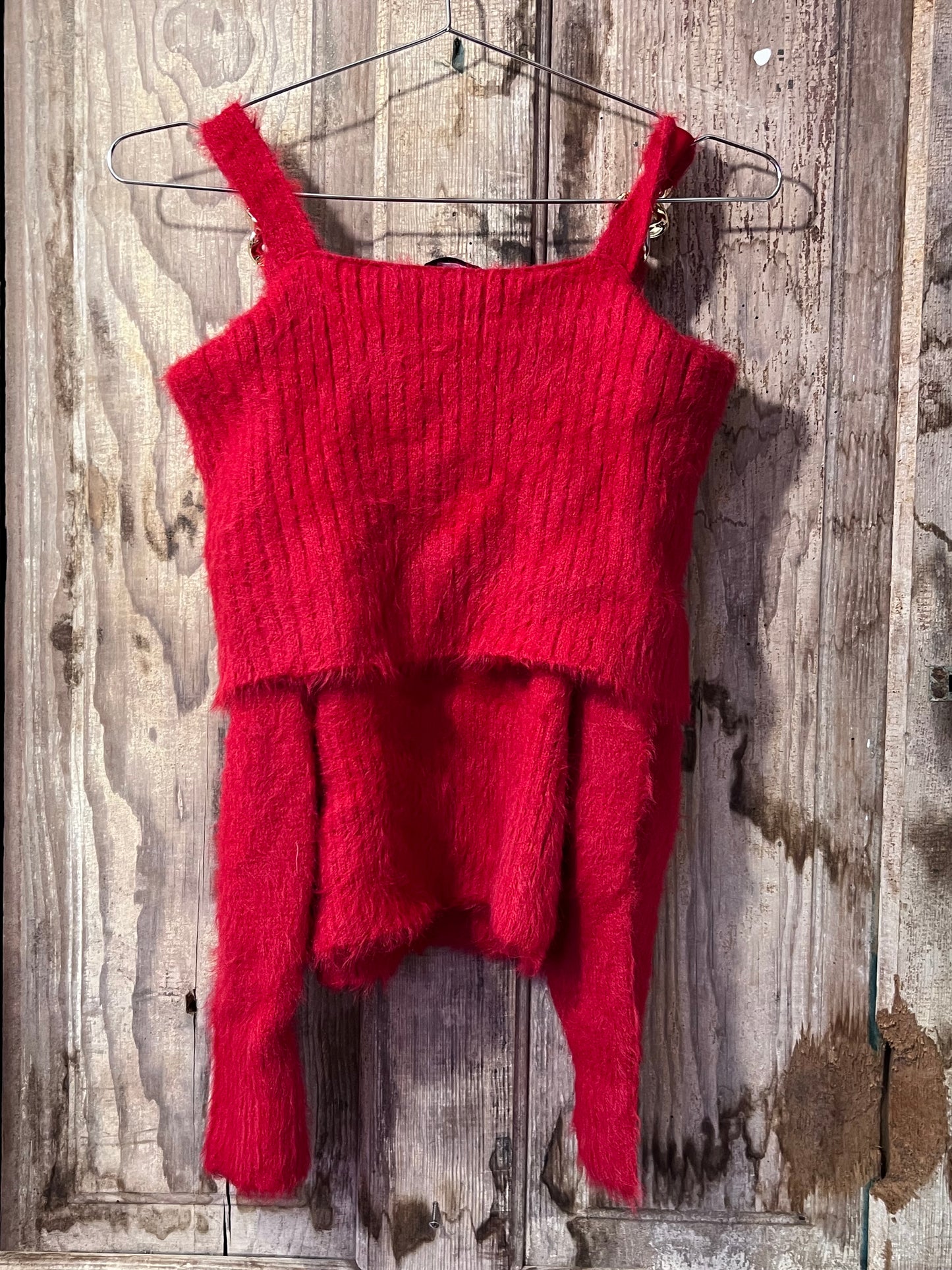 Venus Red Fuzzy Off Shoulder Chain Top