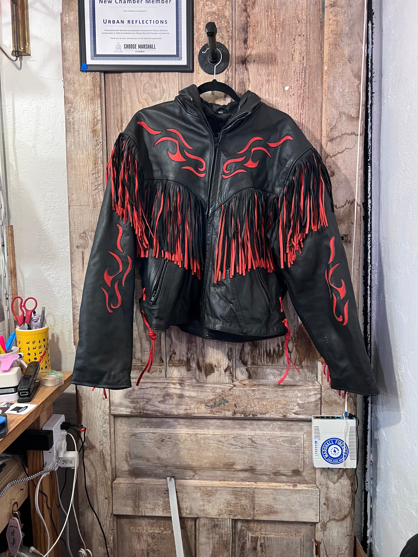Red fringe leather biker jacket