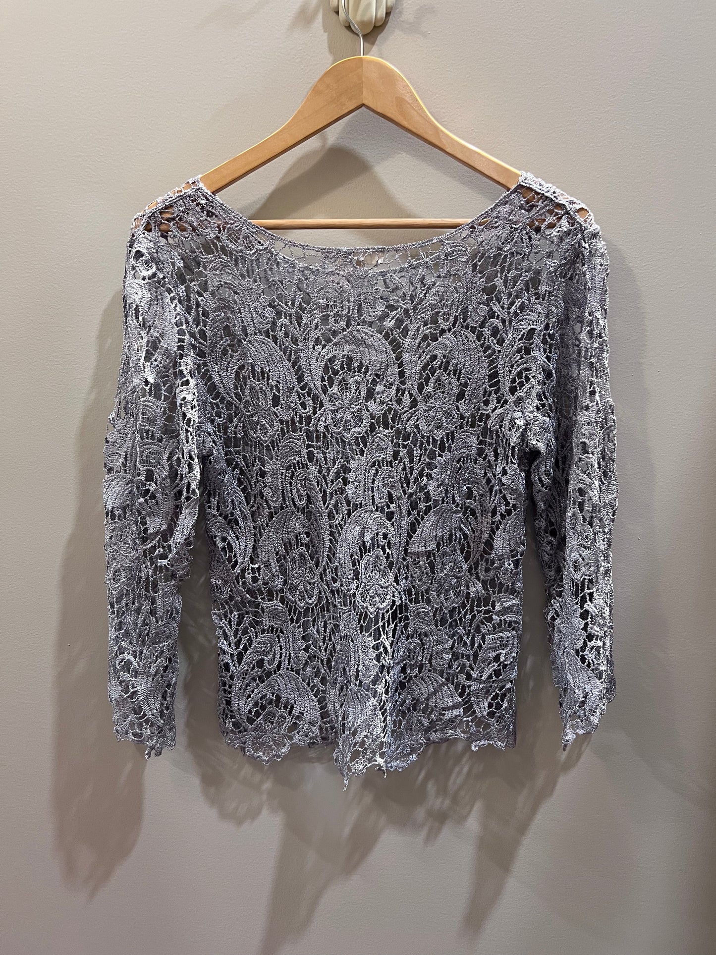 ADVIA Sparkly Silver Open Crochet Top