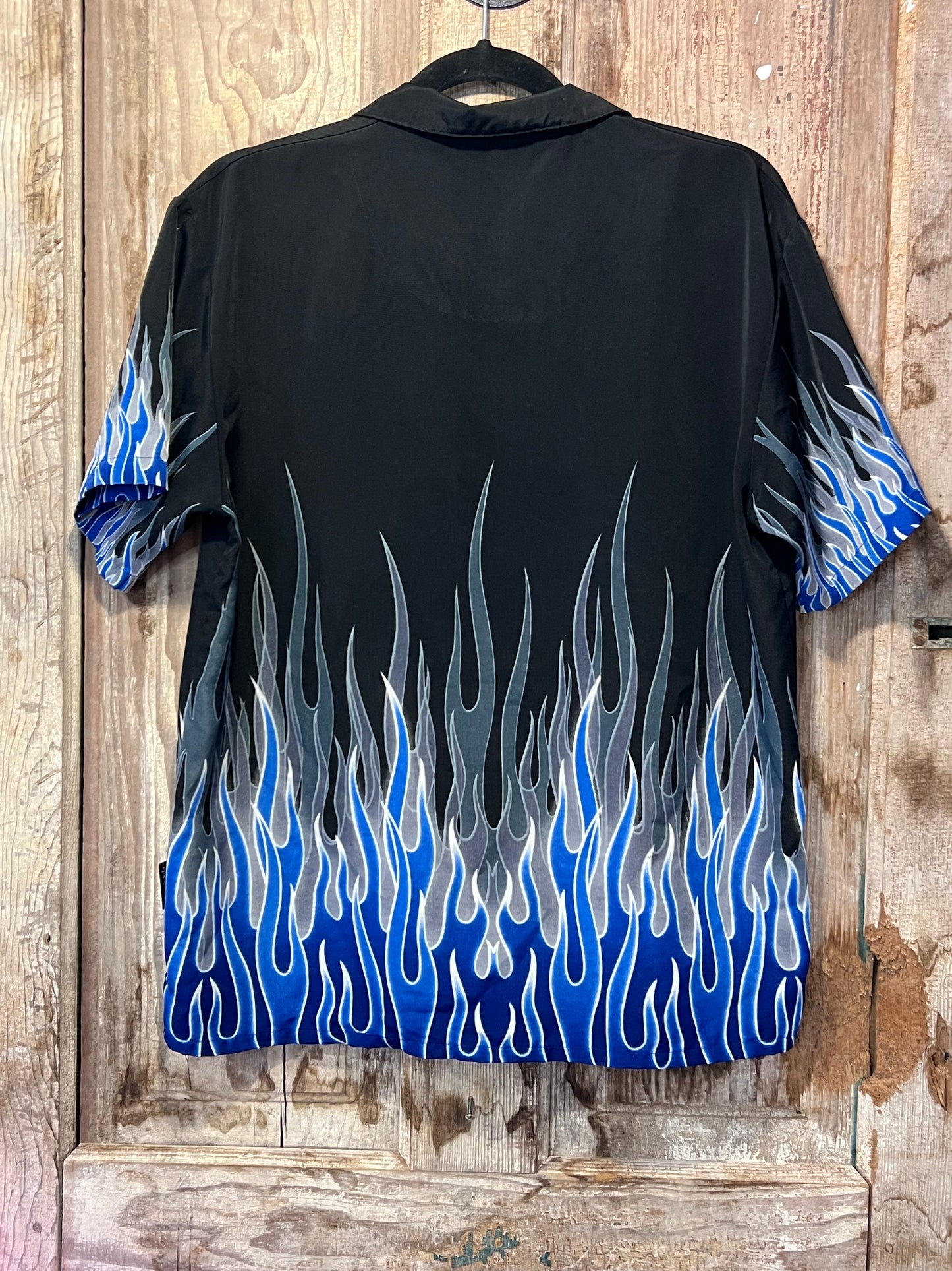 Y2K Silver Point Blue Flames Button Up Shirt