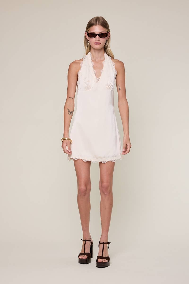SCALLOP LACE SHINY MINI DRESS