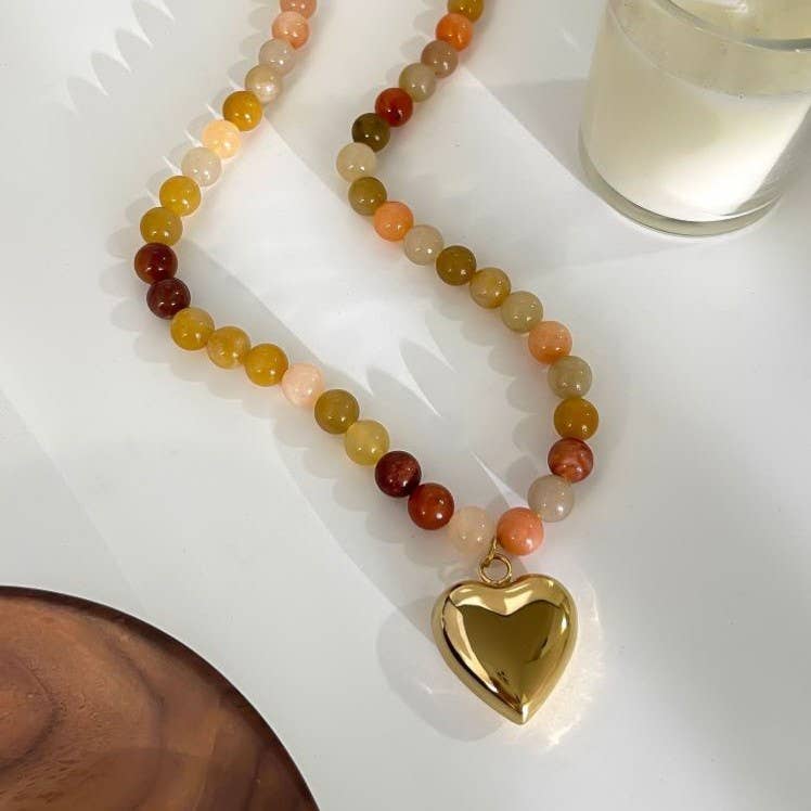 MULTI EARTHY NATURAL STONE HEART CHARM NECKLACE | 40NK9629