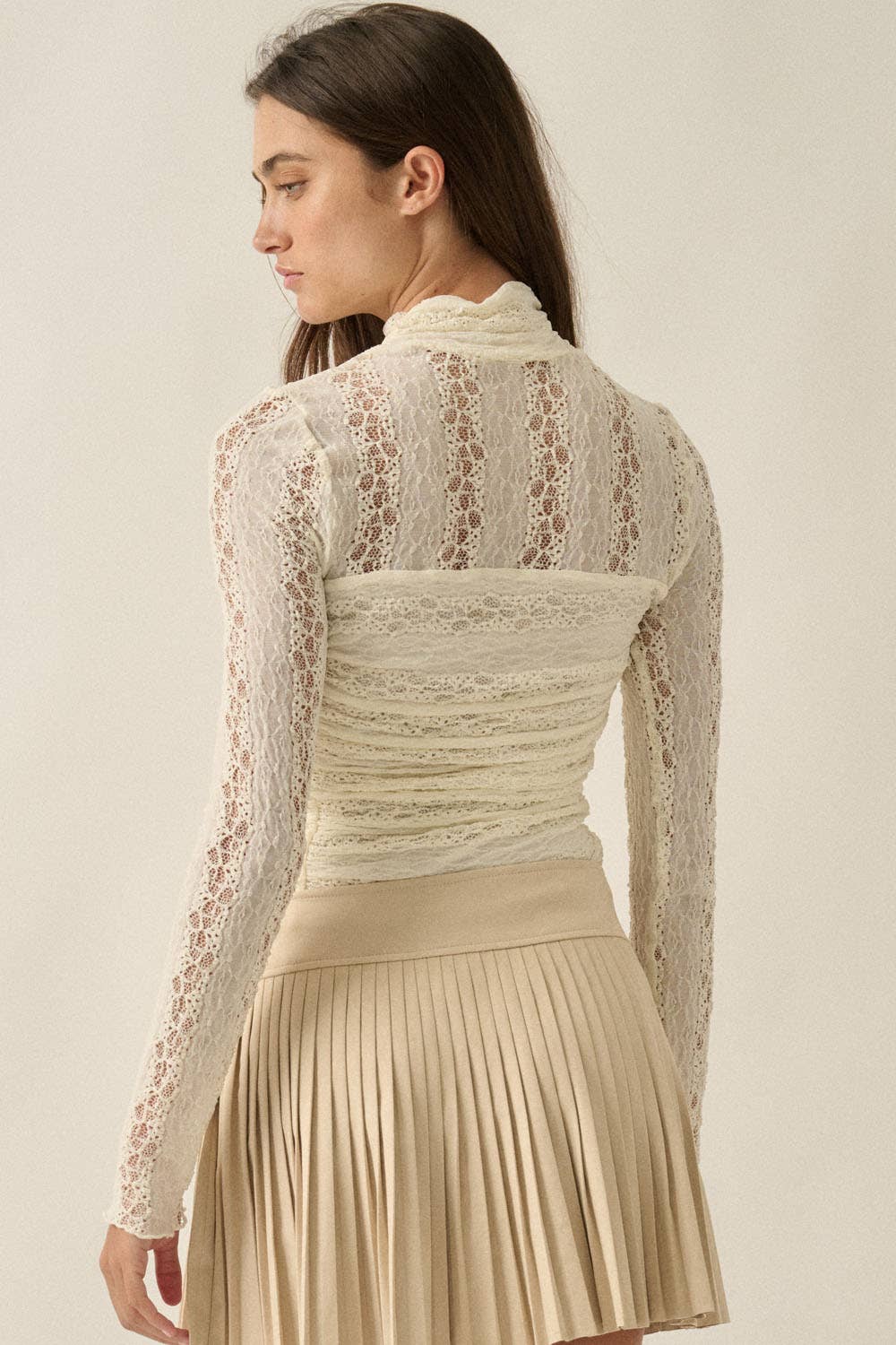Striped Lace Ruched Mock-Neck Long-Sleeve Bodysuit