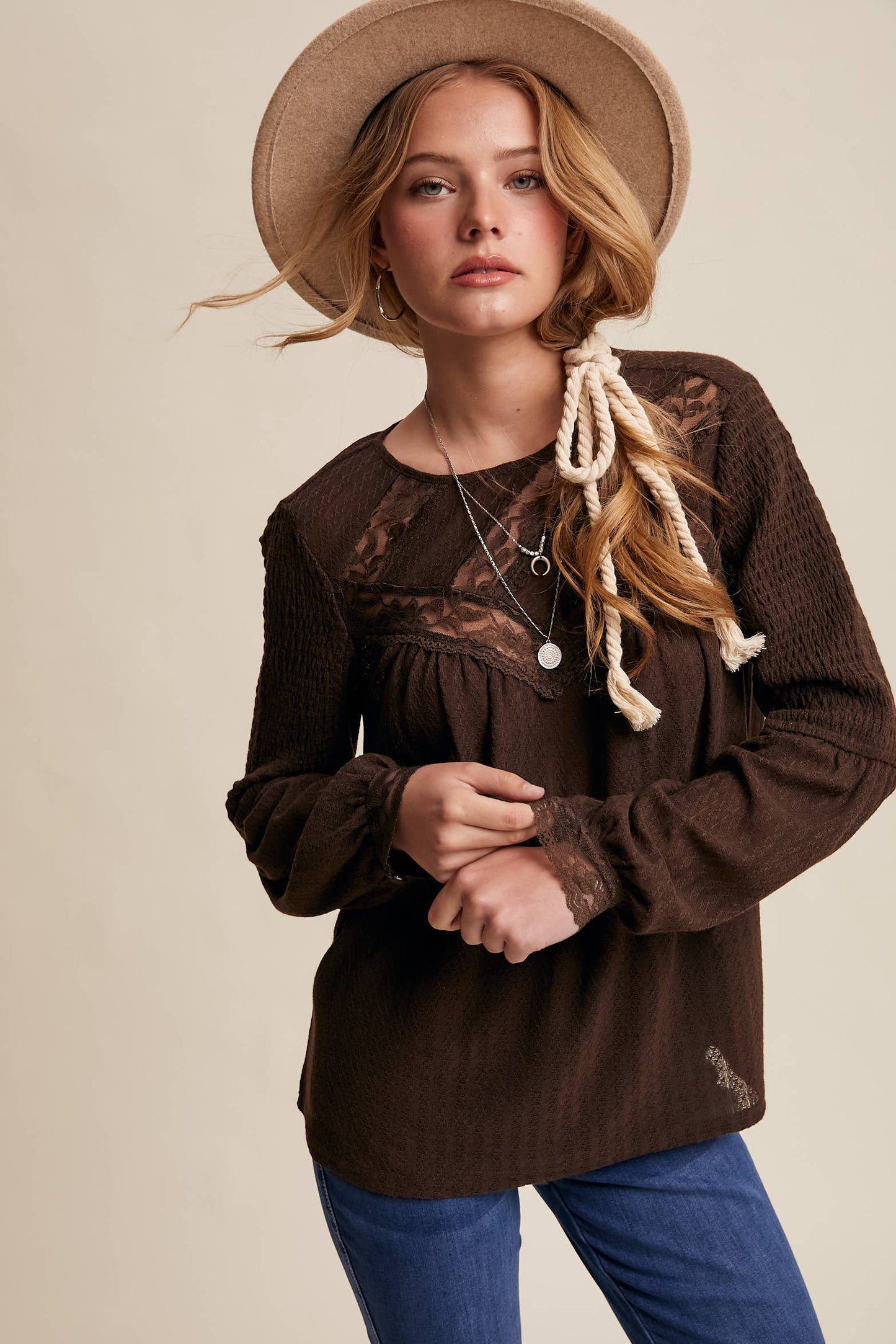 Lace Yoke Textured Knit Blouse