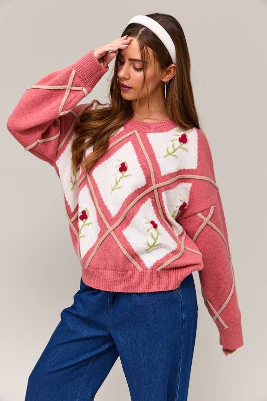 Crew Neck Floral Embroidered Oversized Sweater