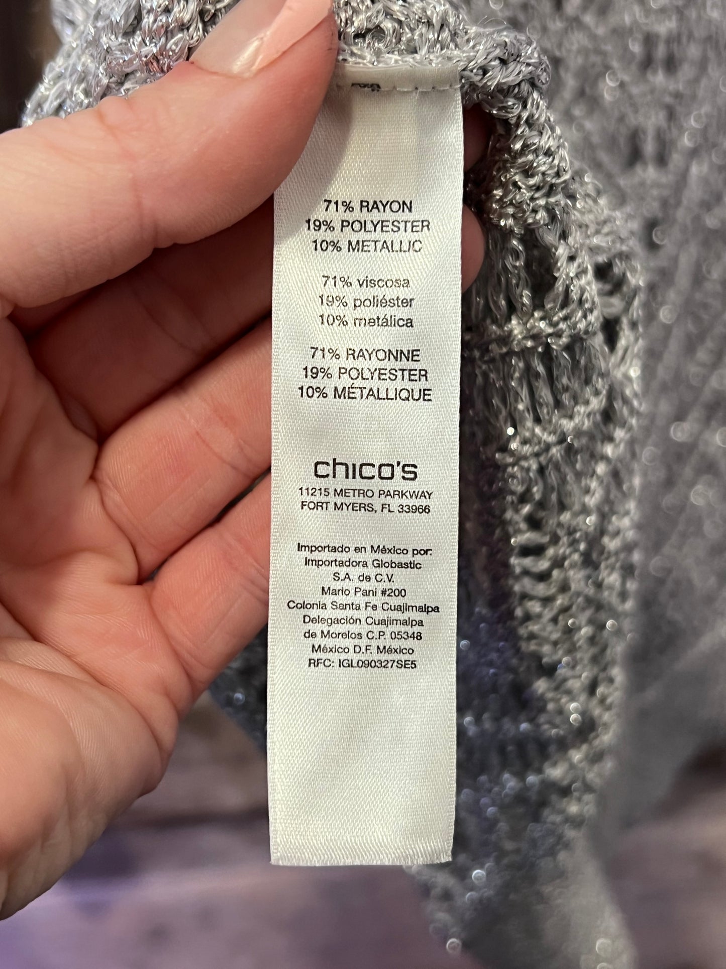 VTG Chico’s Silver Metallic Crochet Long Sleeve Top