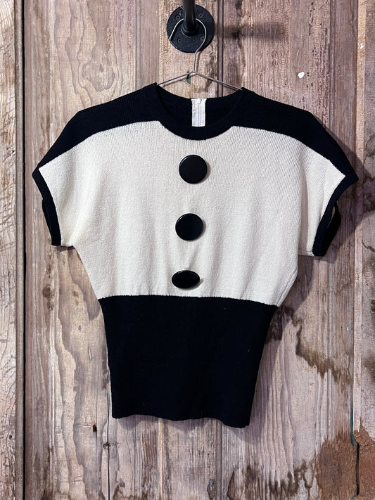 BLK/WHT Button Short Sleeve Sweater Top