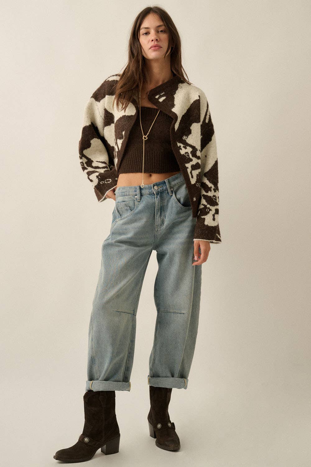 Abstract Jacquard Knit Offset Sweater Jacket