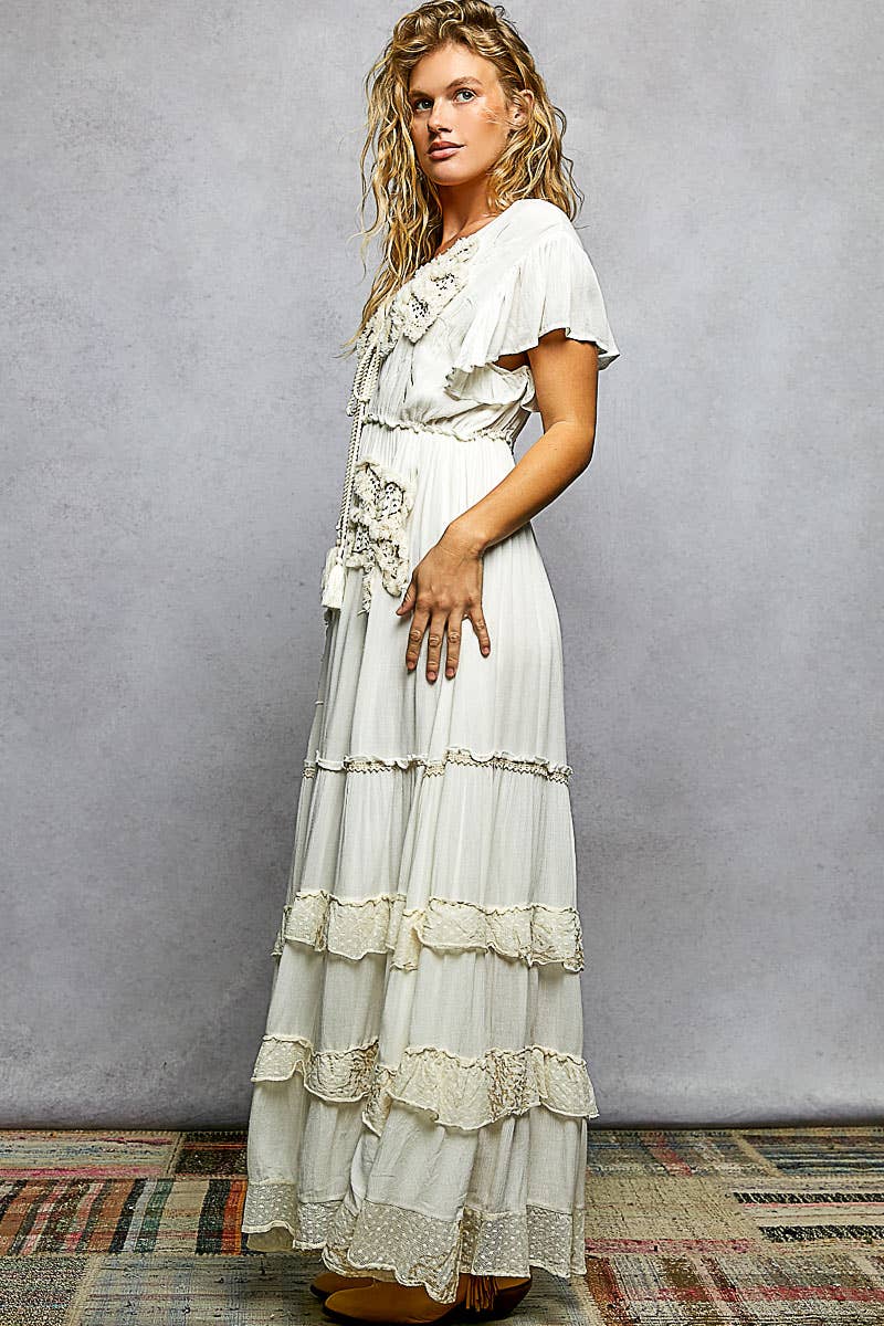 Ruffle V-neck Embroidery Long Dress