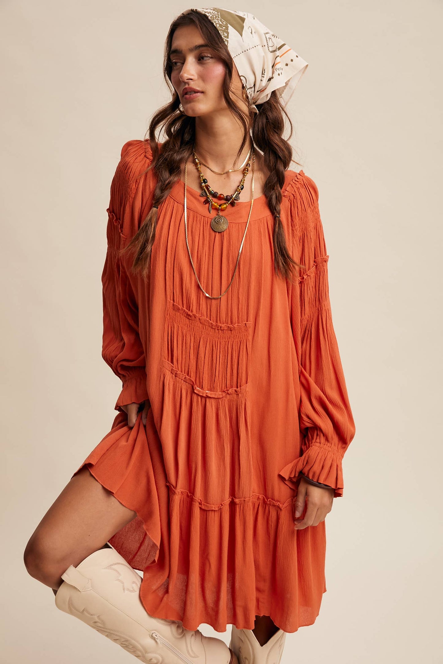 Smocked Tiered Long Sleeve Dress
