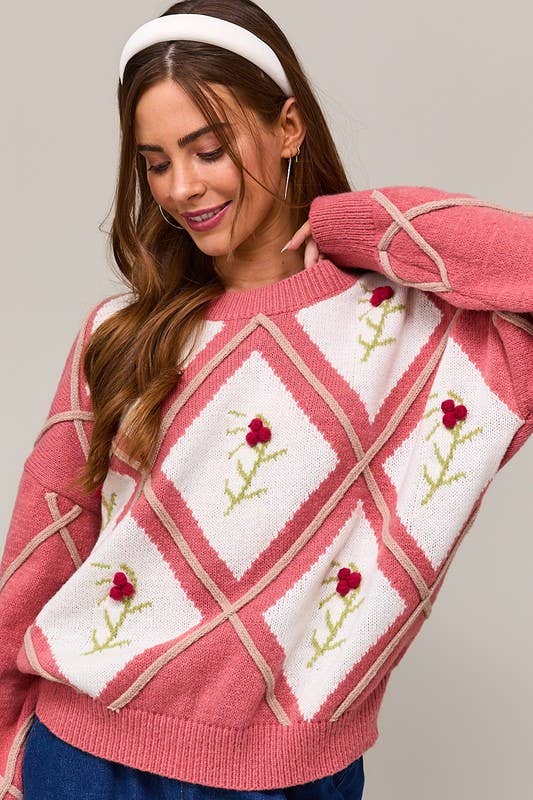 Crew Neck Floral Embroidered Oversized Sweater