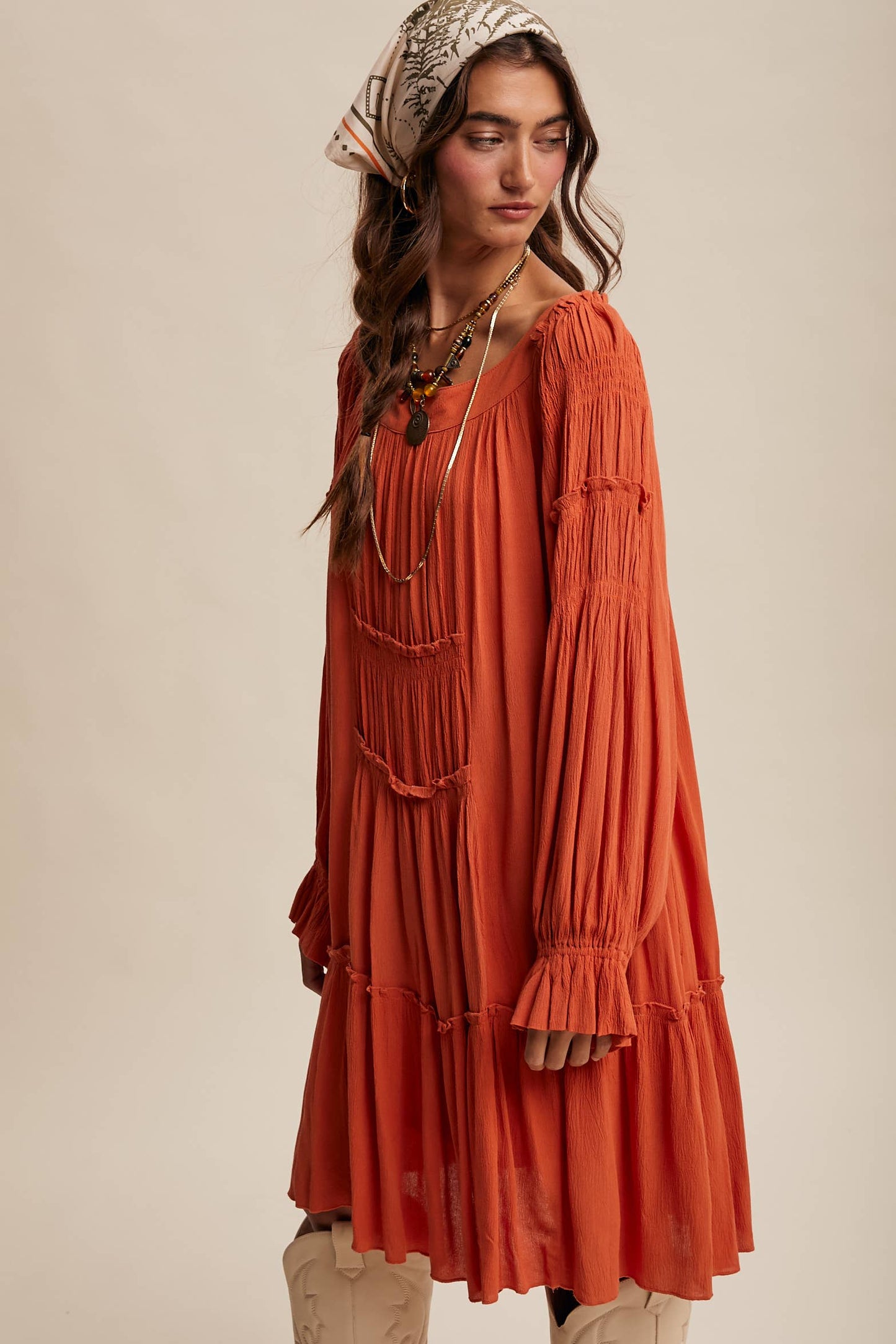 Smocked Tiered Long Sleeve Dress