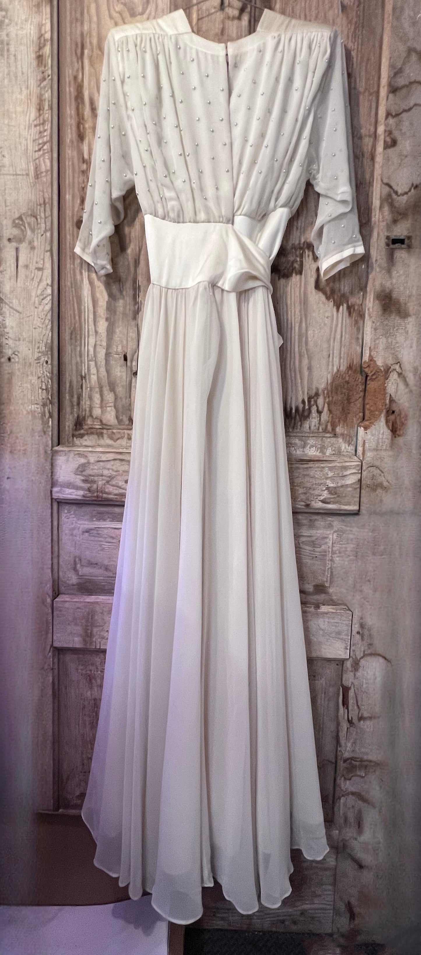 70's David Josef Sheer Pearl Tapered Long Sleeve Dress