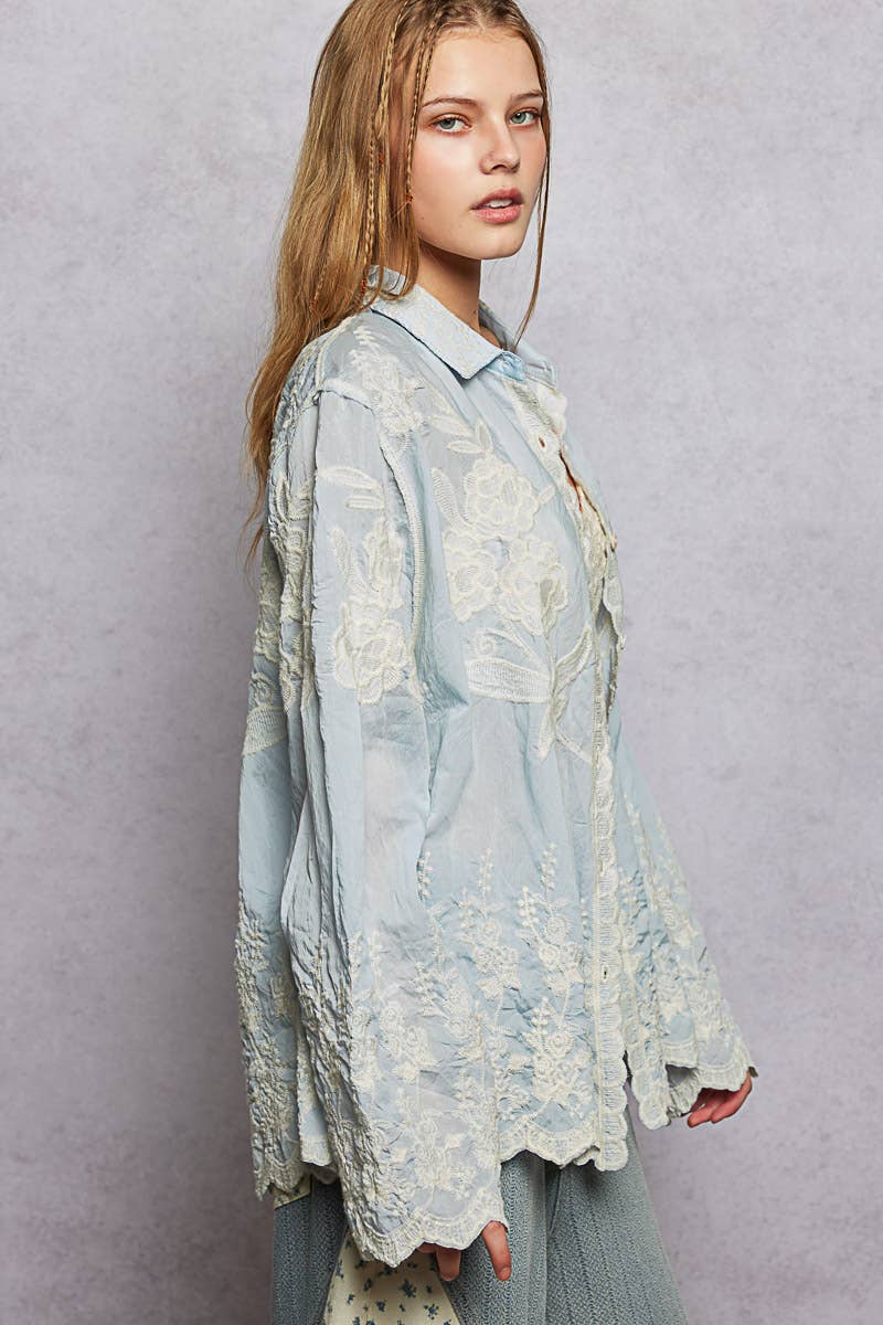 Long Sleeve Embroidered Scalloped Edge Top