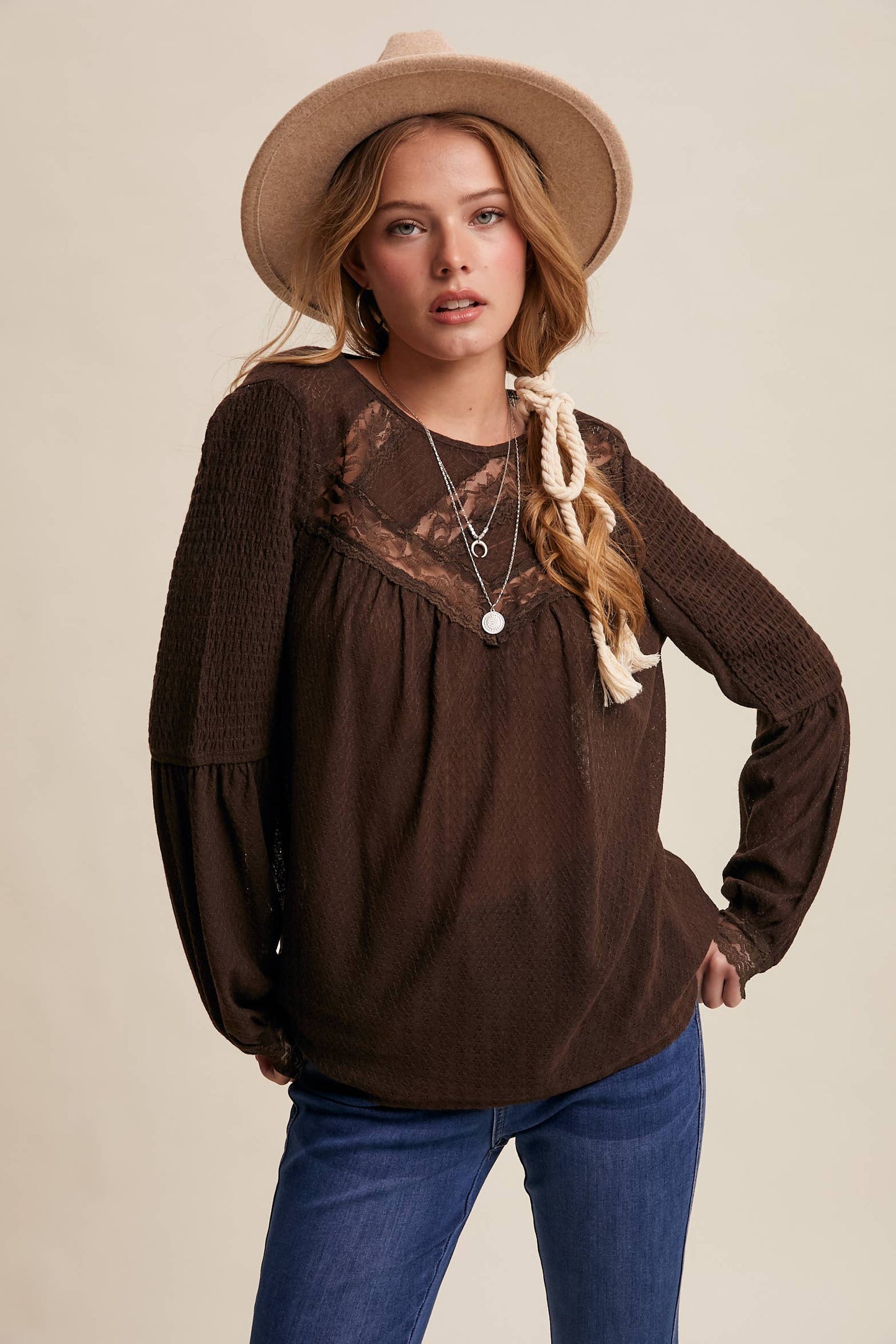 Lace Yoke Textured Knit Blouse