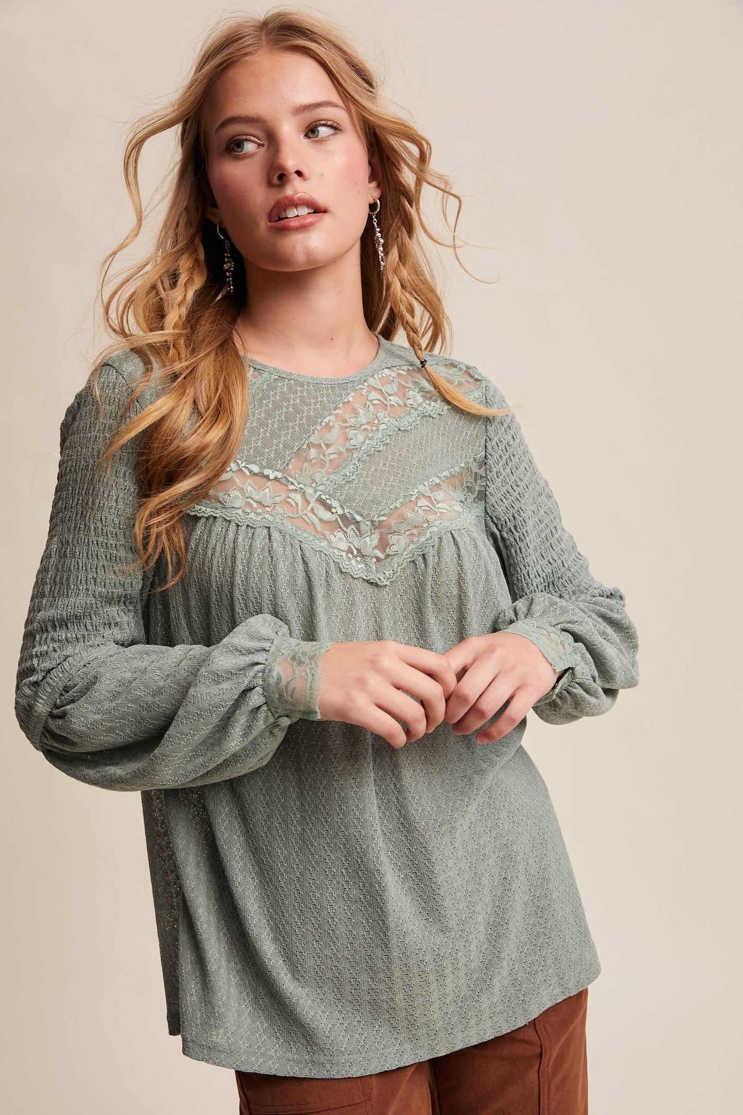 Lace Yoke Textured Knit Blouse