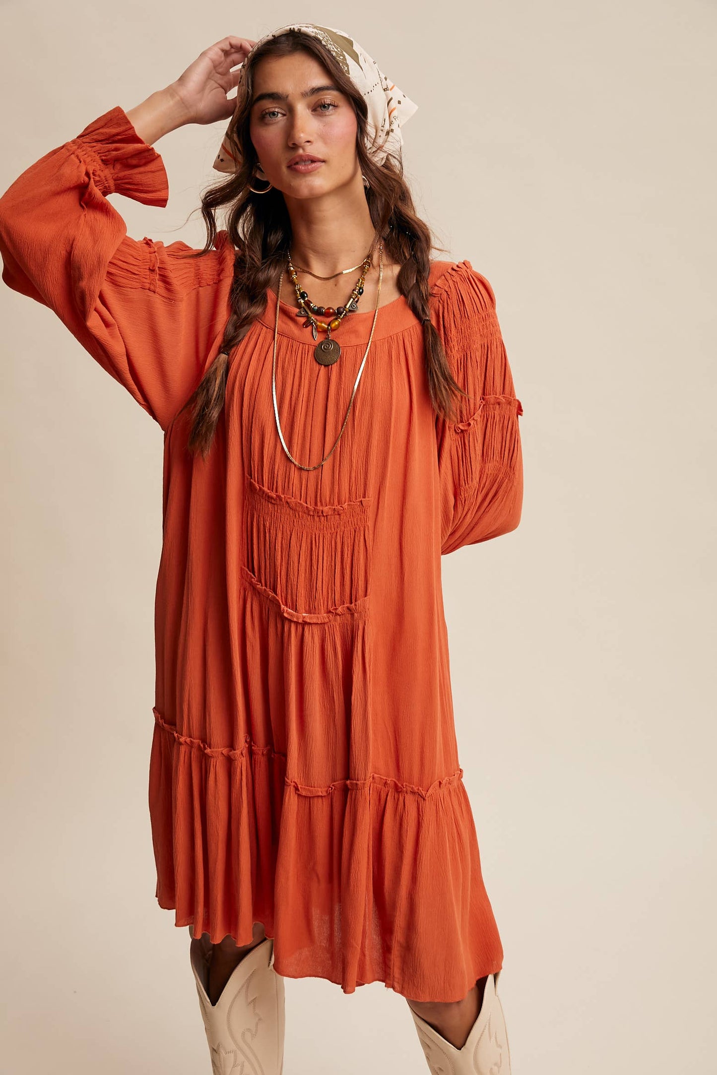 Smocked Tiered Long Sleeve Dress