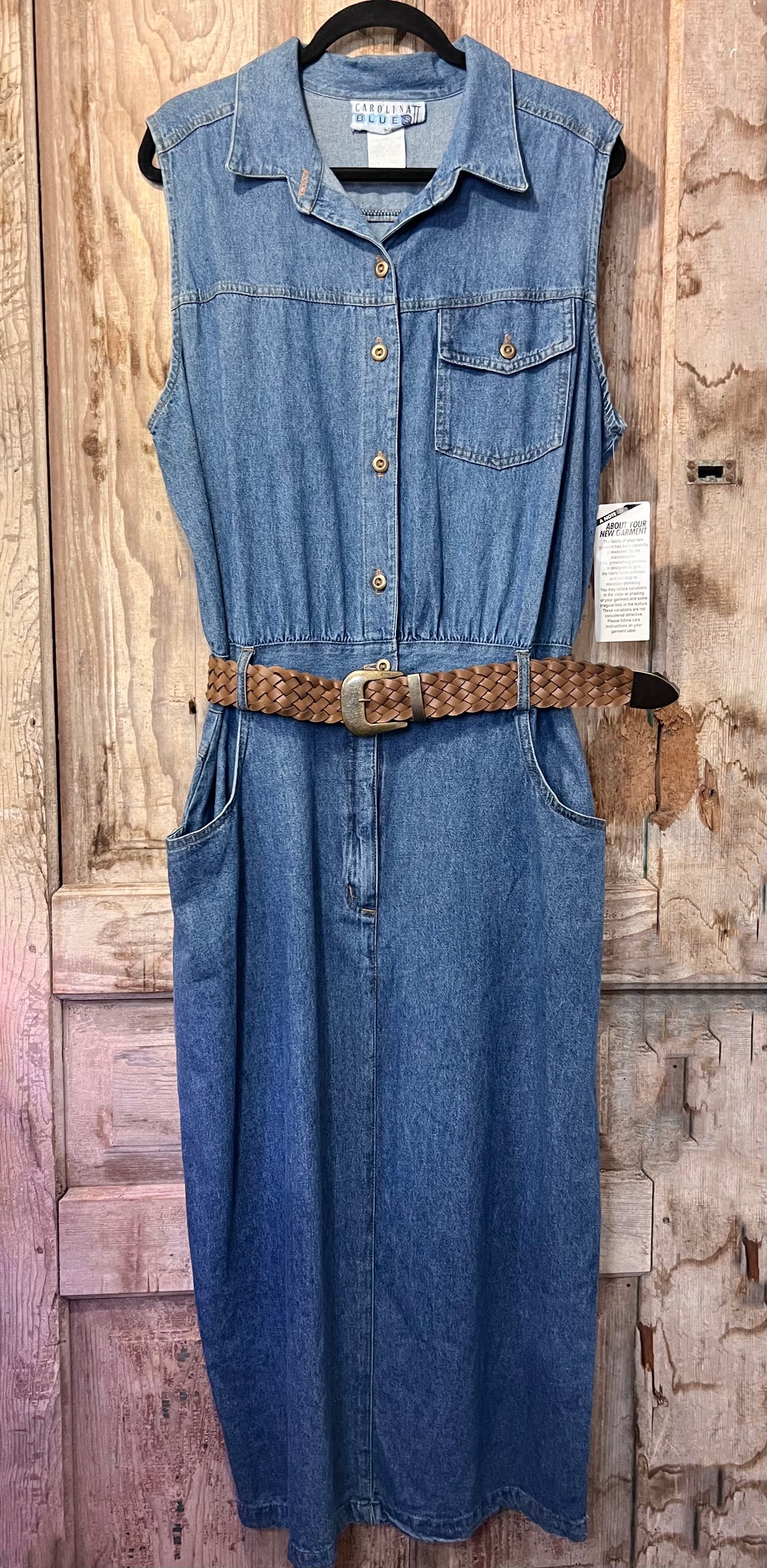 90's Carolina Blues Denim Sleeve-less Belted Dress