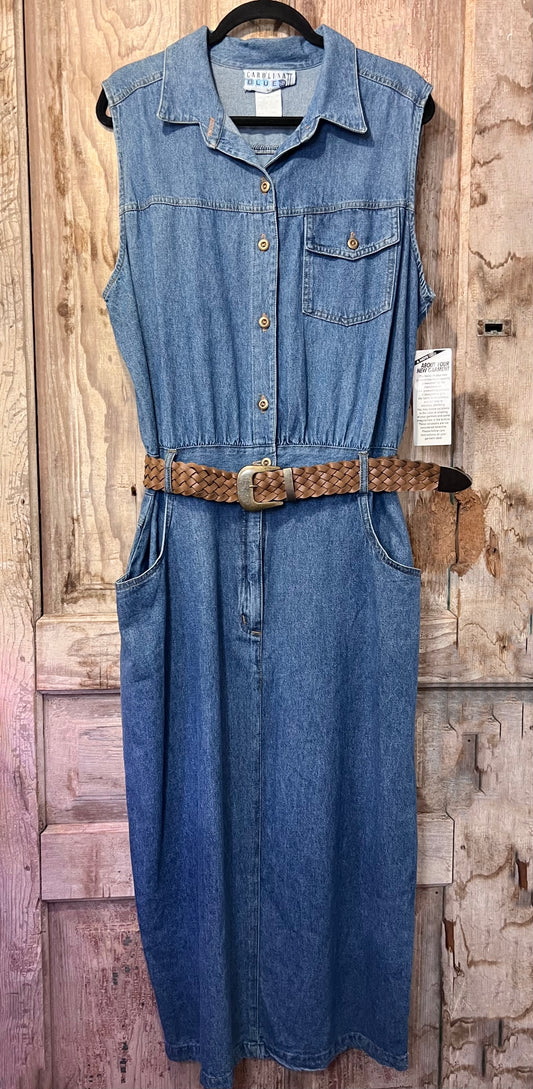 90's Carolina Blues Denim Sleeve-less Belted Dress