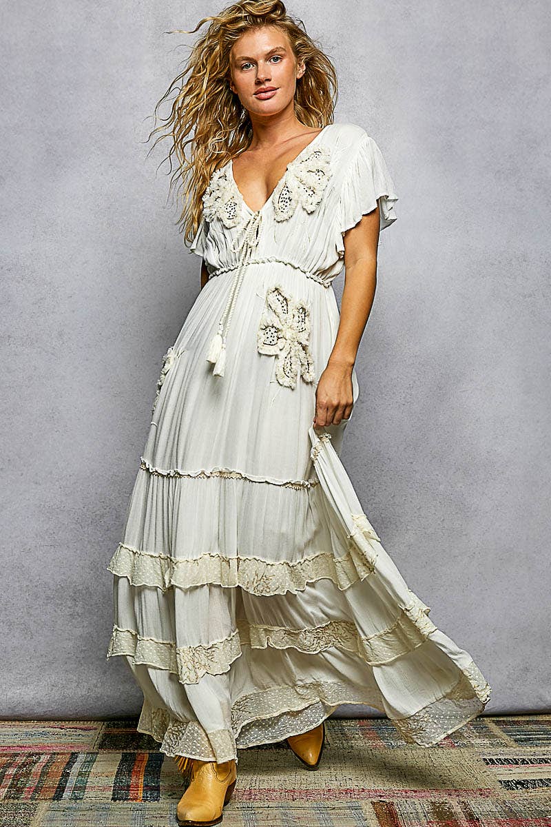 Ruffle V-neck Embroidery Long Dress