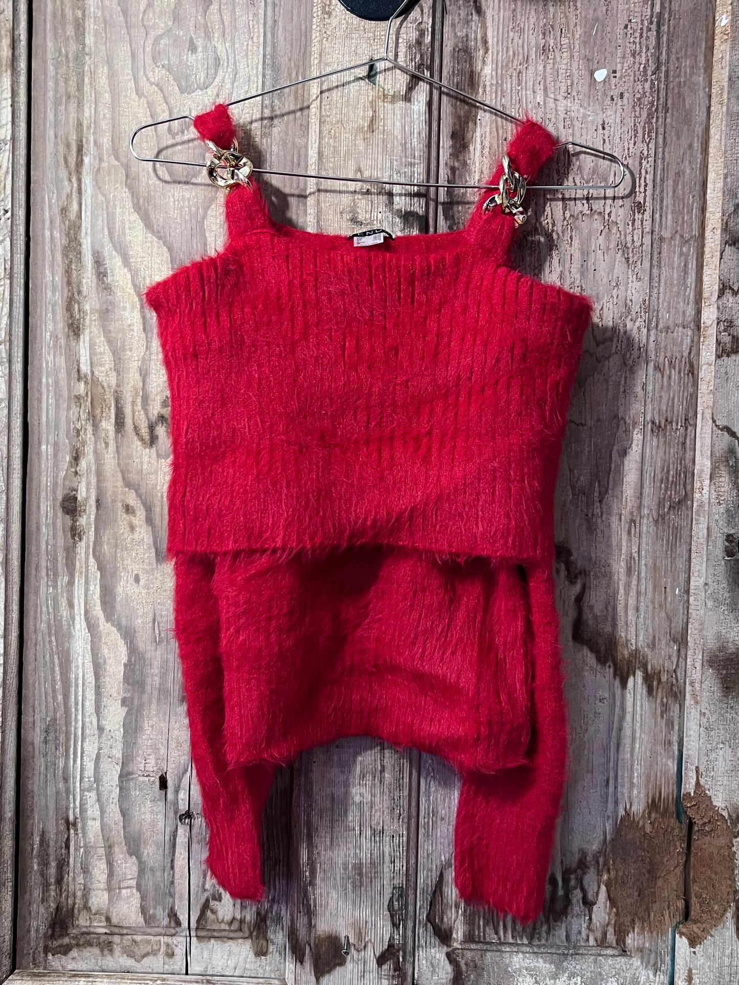 Venus Red Fuzzy Off Shoulder Chain Top