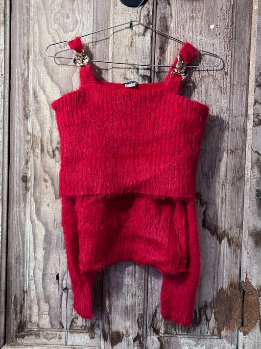 Venus Red Fuzzy Off Shoulder Chain Top