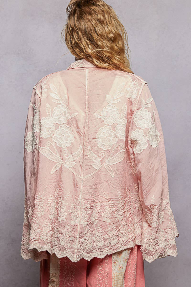 Long Sleeve Embroidered Scalloped Edge Top