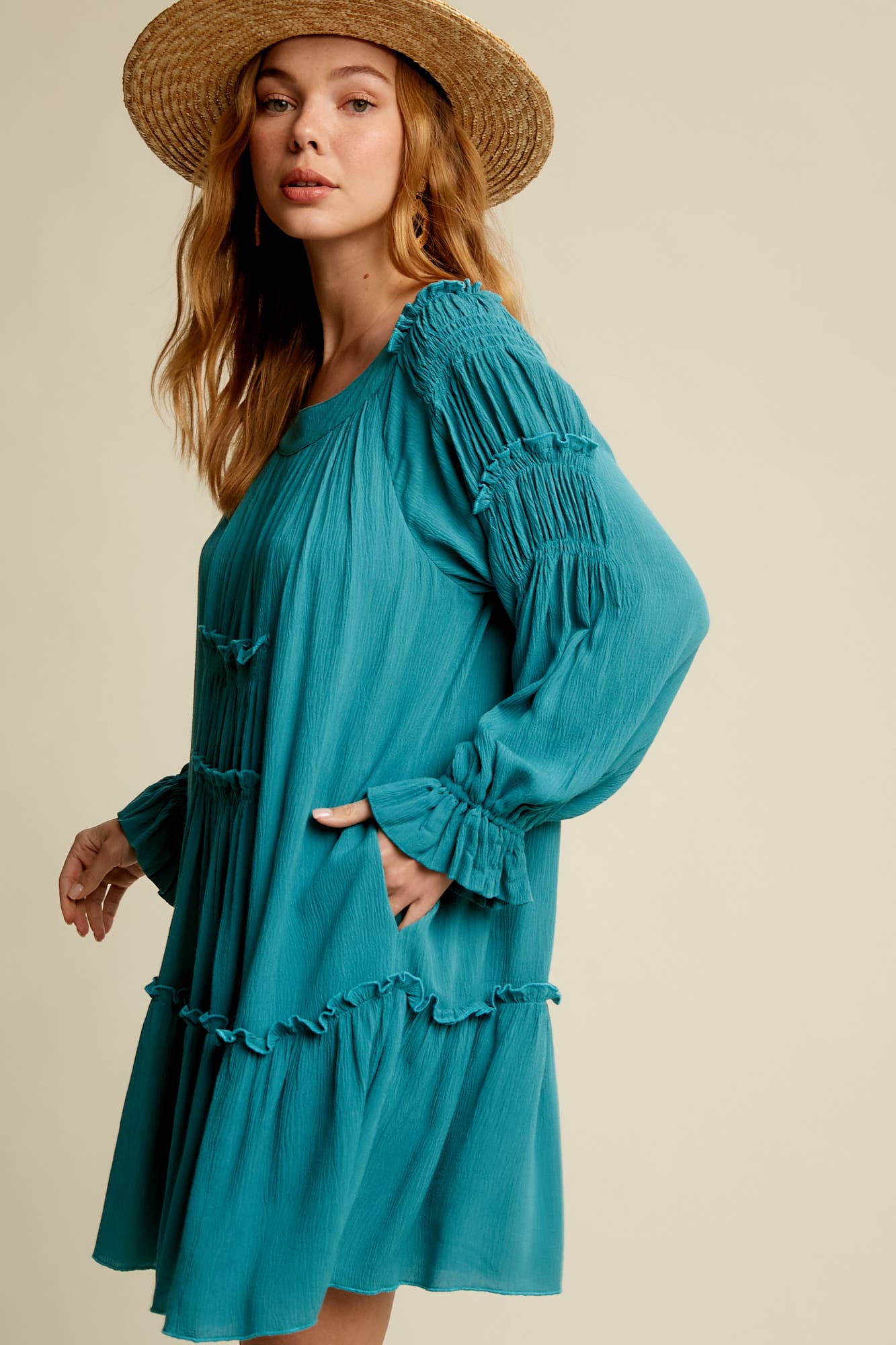 Smocked Tiered Long Sleeve Dress
