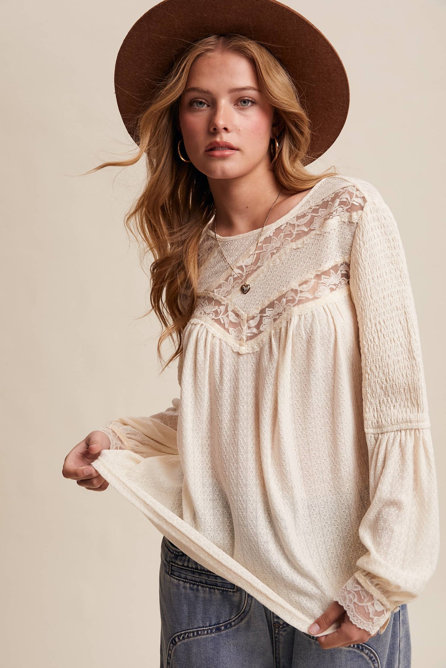 Lace Yoke Textured Knit Blouse