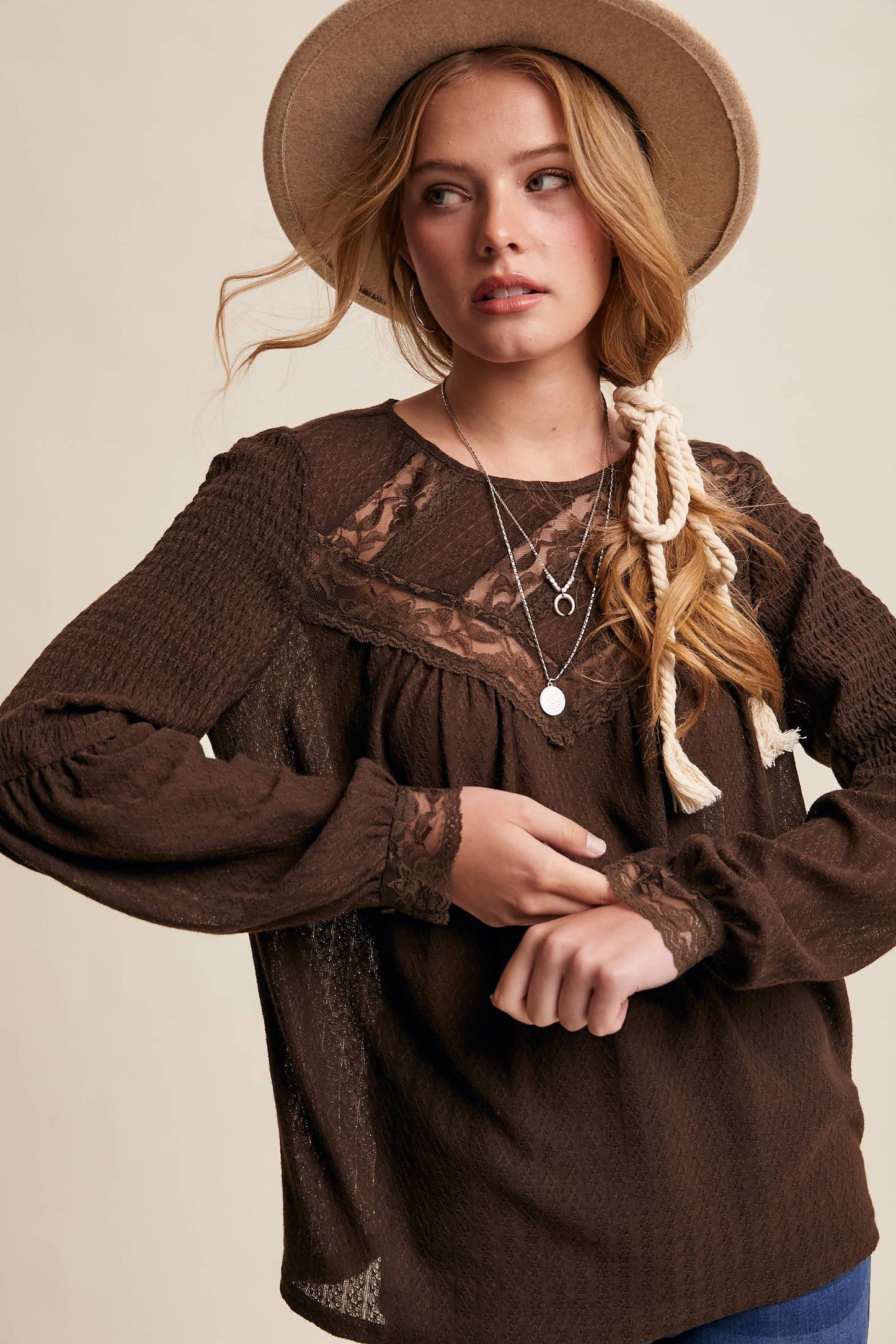 Lace Yoke Textured Knit Blouse