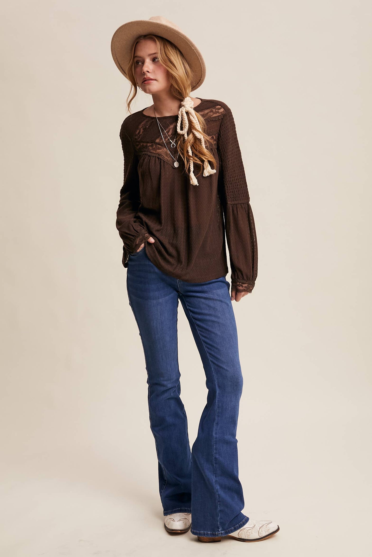 Lace Yoke Textured Knit Blouse