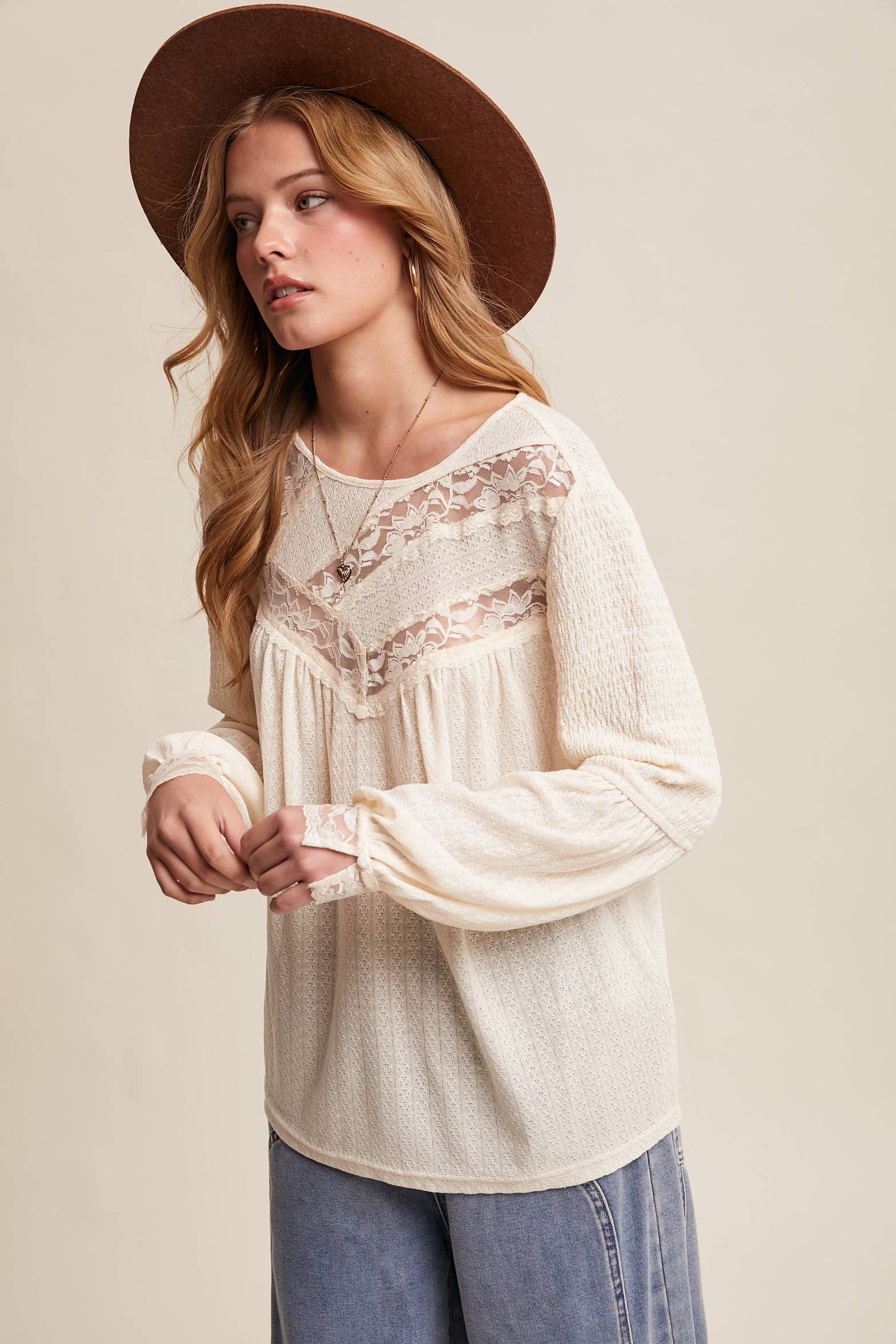 Lace Yoke Textured Knit Blouse
