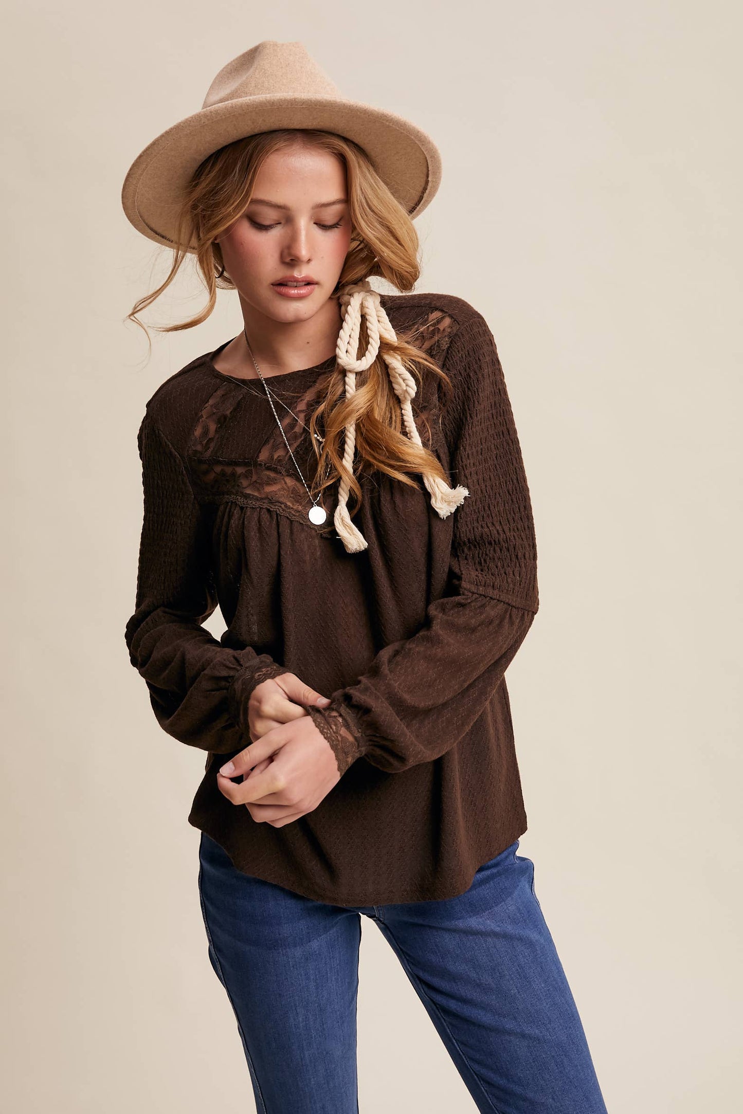 Lace Yoke Textured Knit Blouse