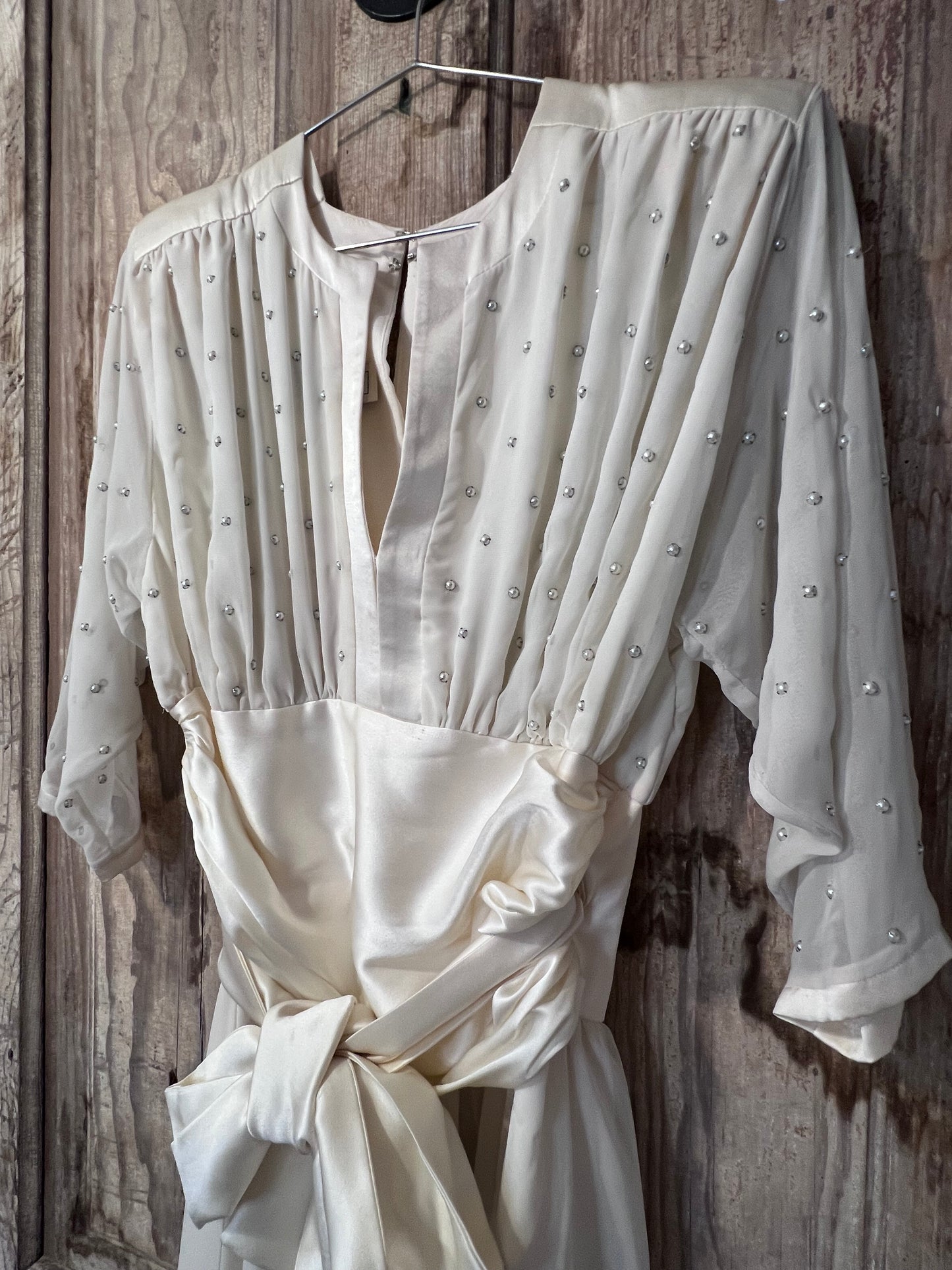 70's David Josef Sheer Pearl Tapered Long Sleeve Dress