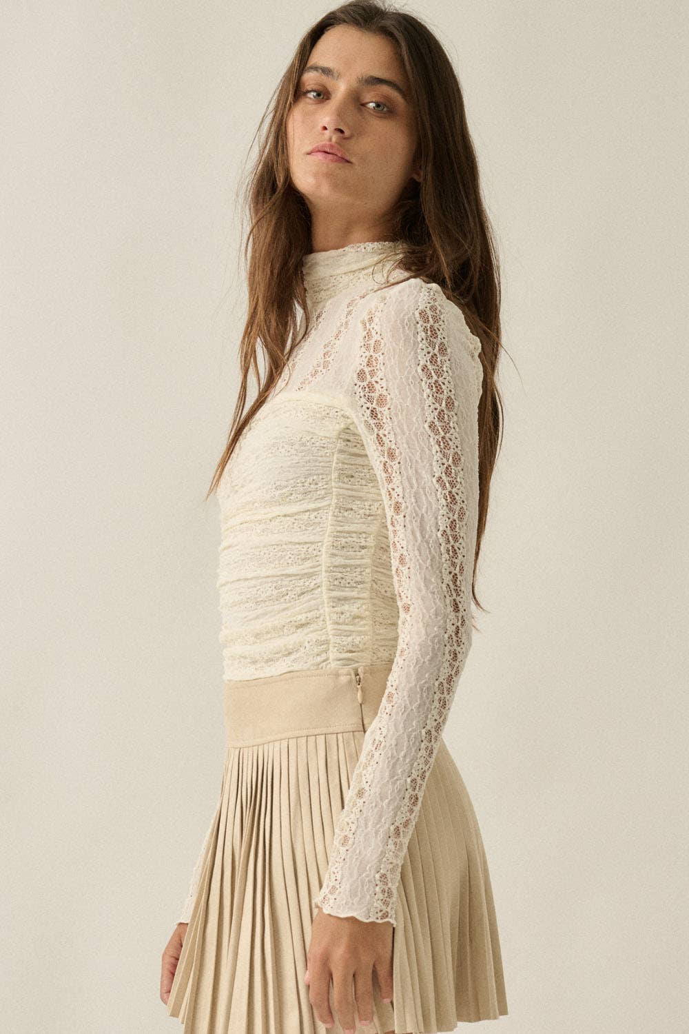 Striped Lace Ruched Mock-Neck Long-Sleeve Bodysuit