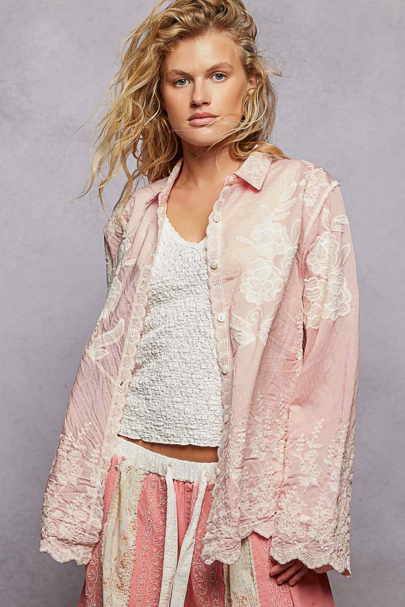 Long Sleeve Embroidered Scalloped Edge Top