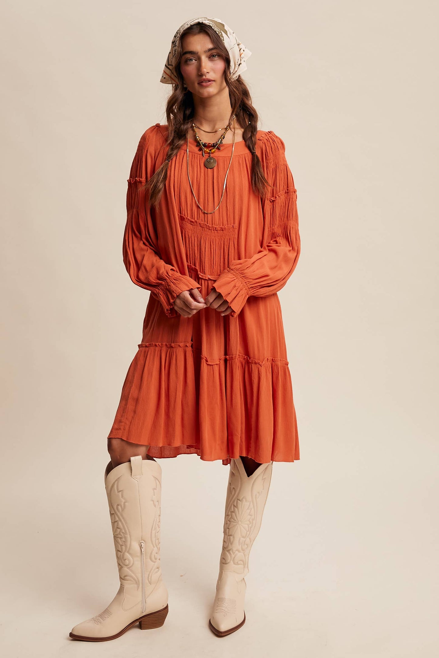 Smocked Tiered Long Sleeve Dress