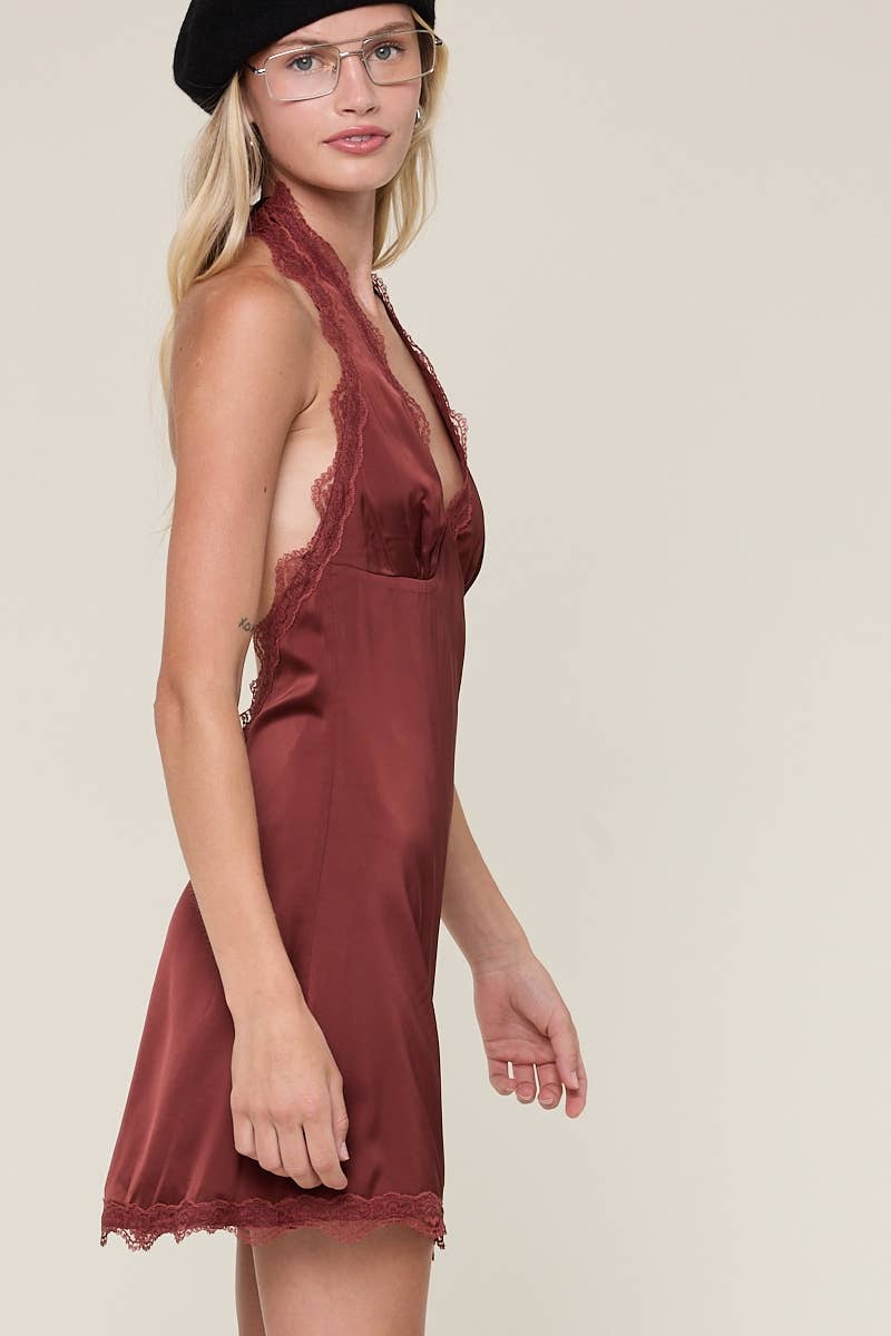 SCALLOP LACE SHINY MINI DRESS