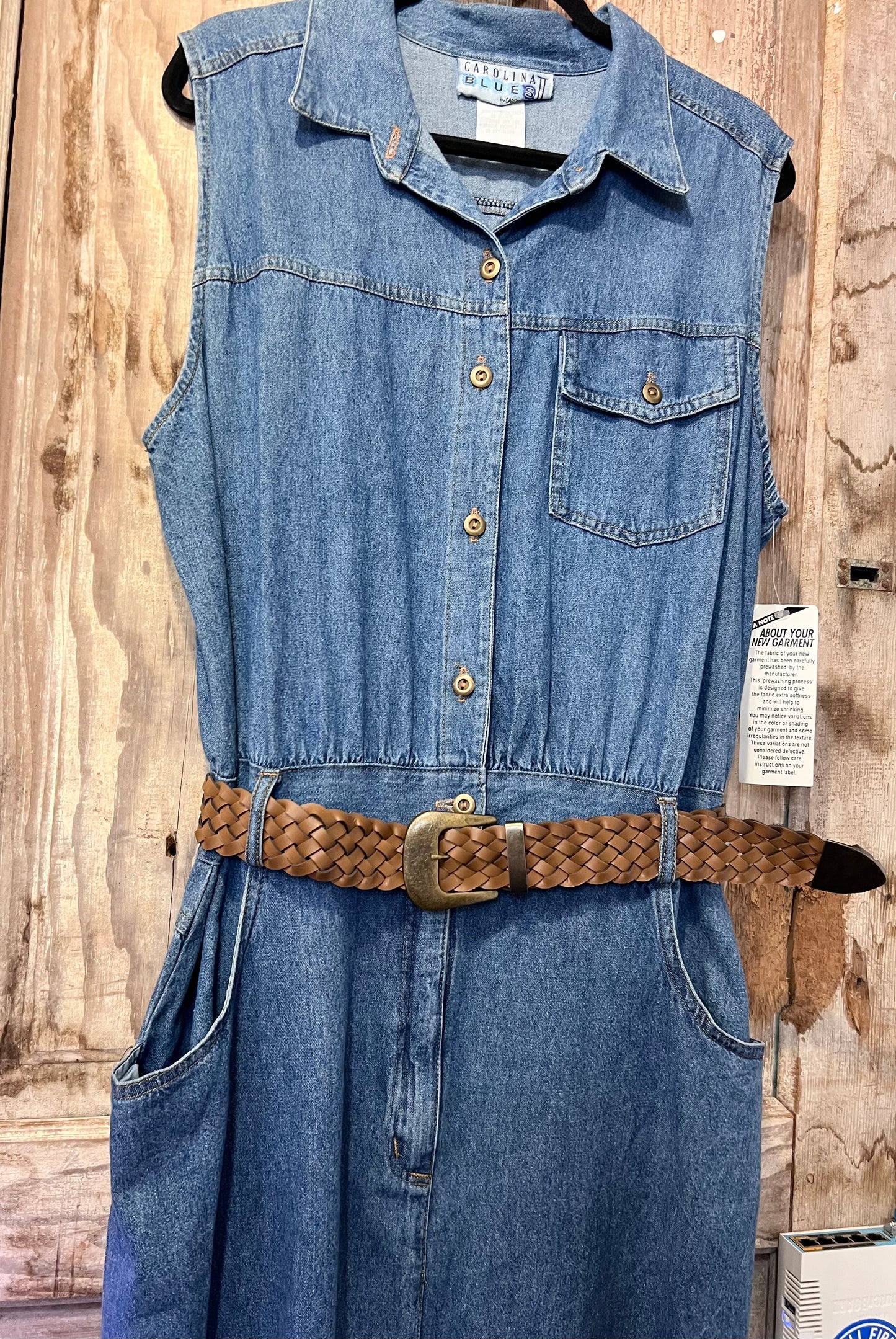 90's Carolina Blues Denim Sleeve-less Belted Dress