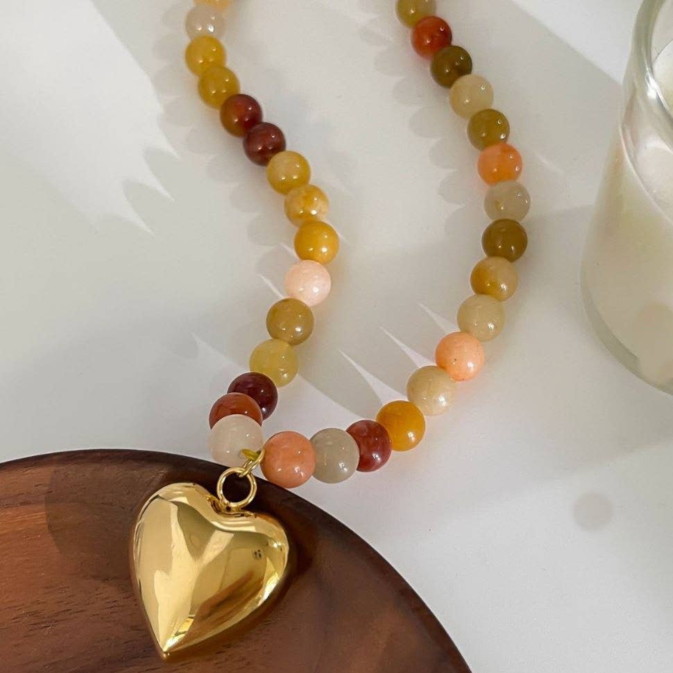 MULTI EARTHY NATURAL STONE HEART CHARM NECKLACE | 40NK9629