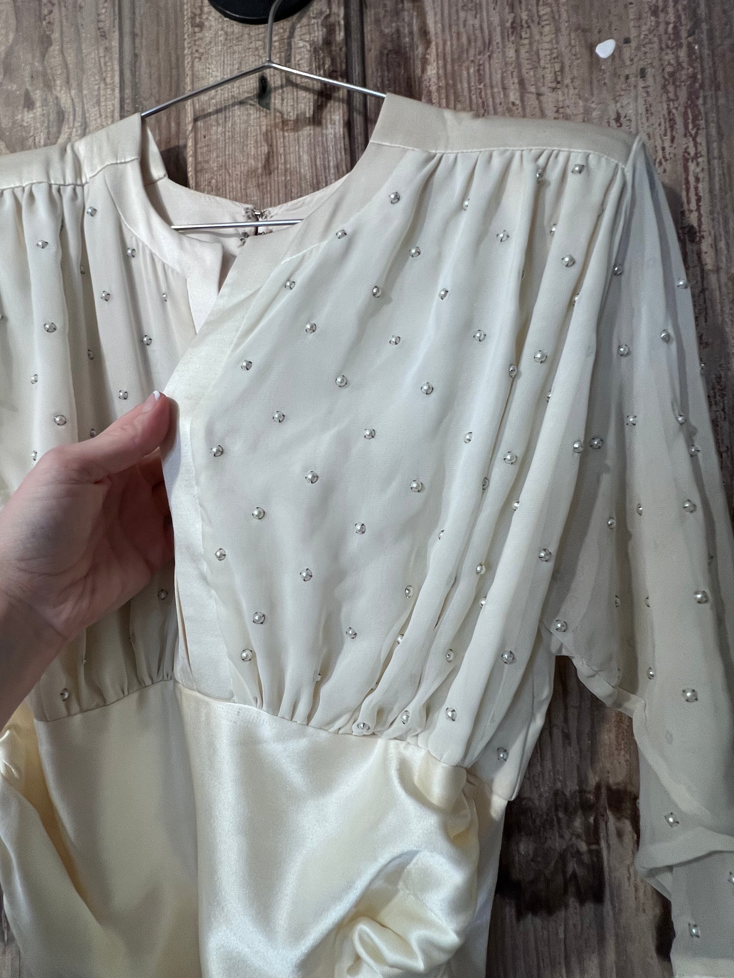 70's David Josef Sheer Pearl Tapered Long Sleeve Dress