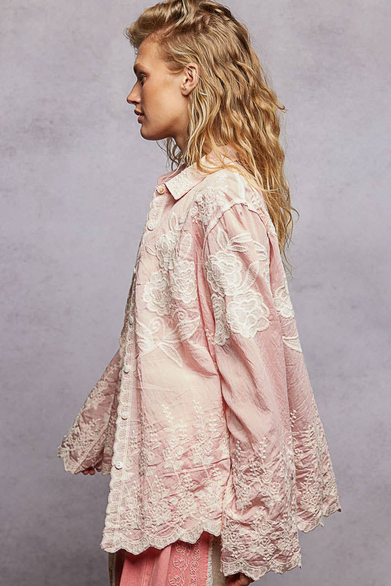 Long Sleeve Embroidered Scalloped Edge Top