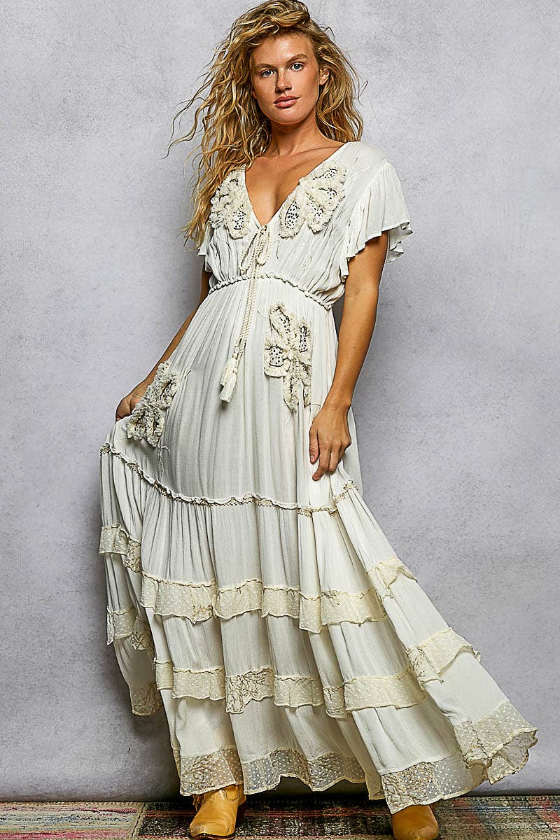 Ruffle V-neck Embroidery Long Dress