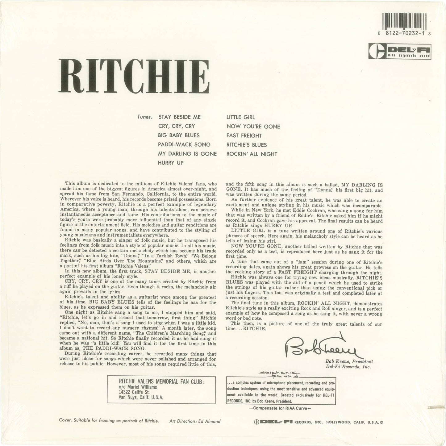 12" Vinyl LP Record - Ritchie Valens S/T R&B Folk Rock Music