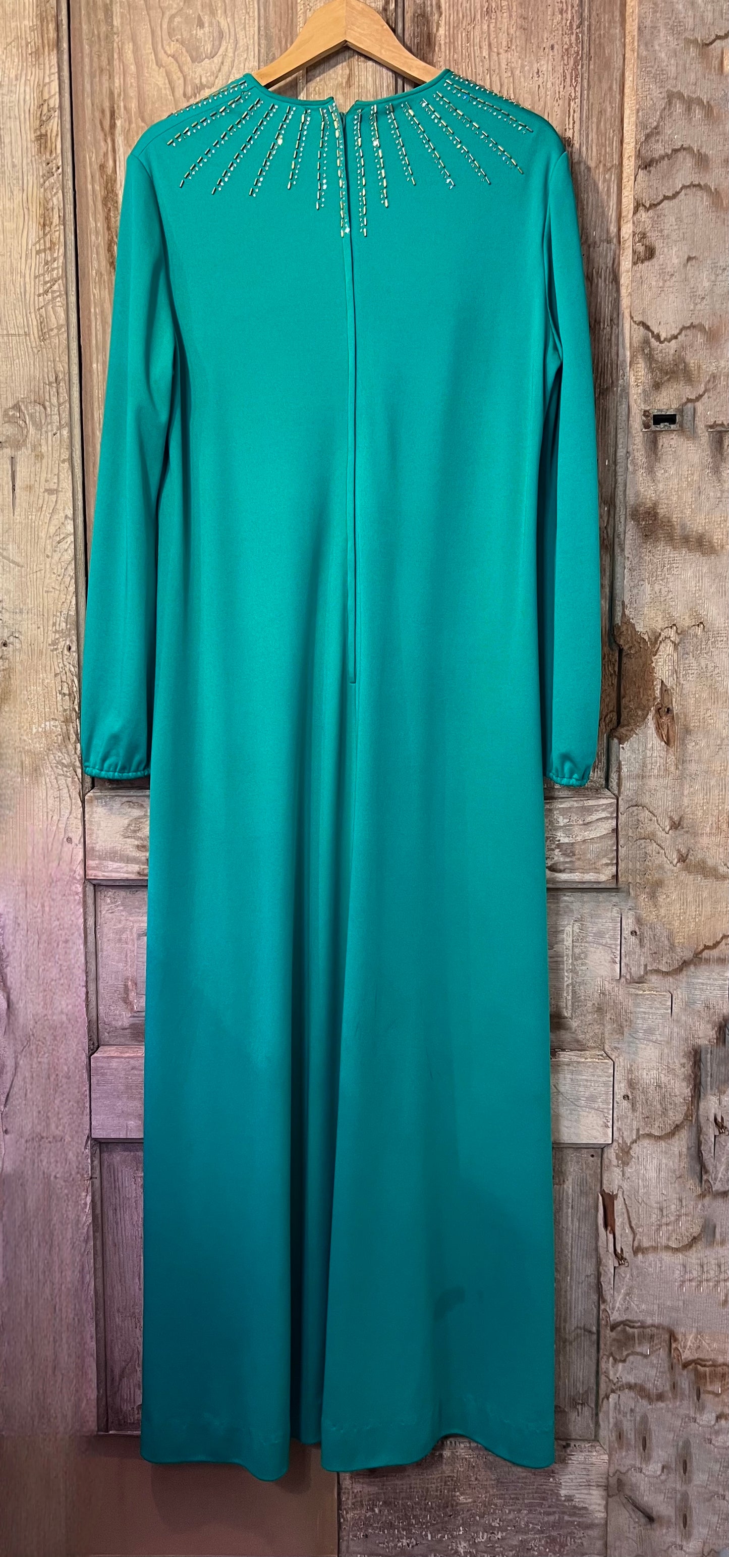 70's Green Beaded Neck Long Sleeve Dress