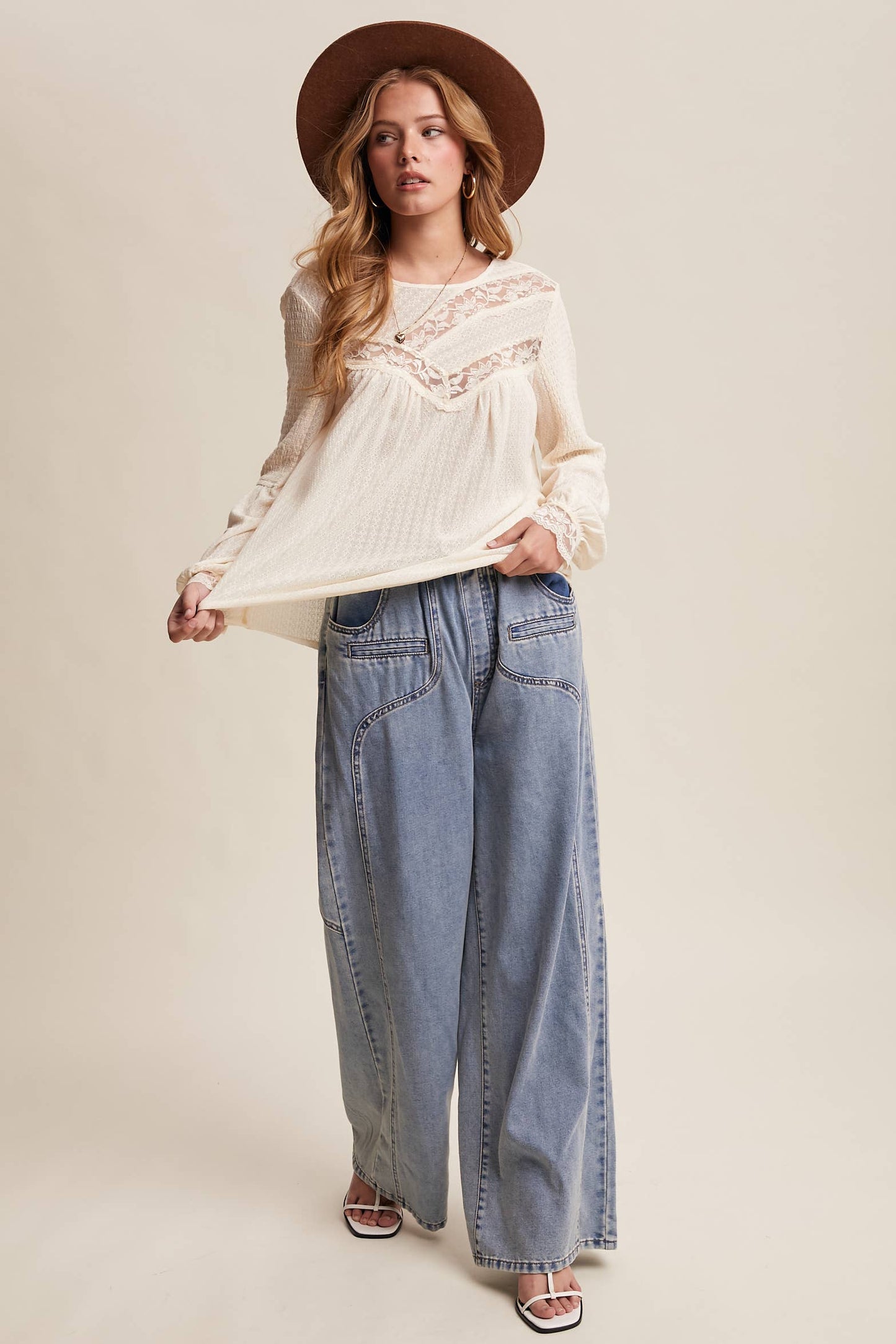 Lace Yoke Textured Knit Blouse