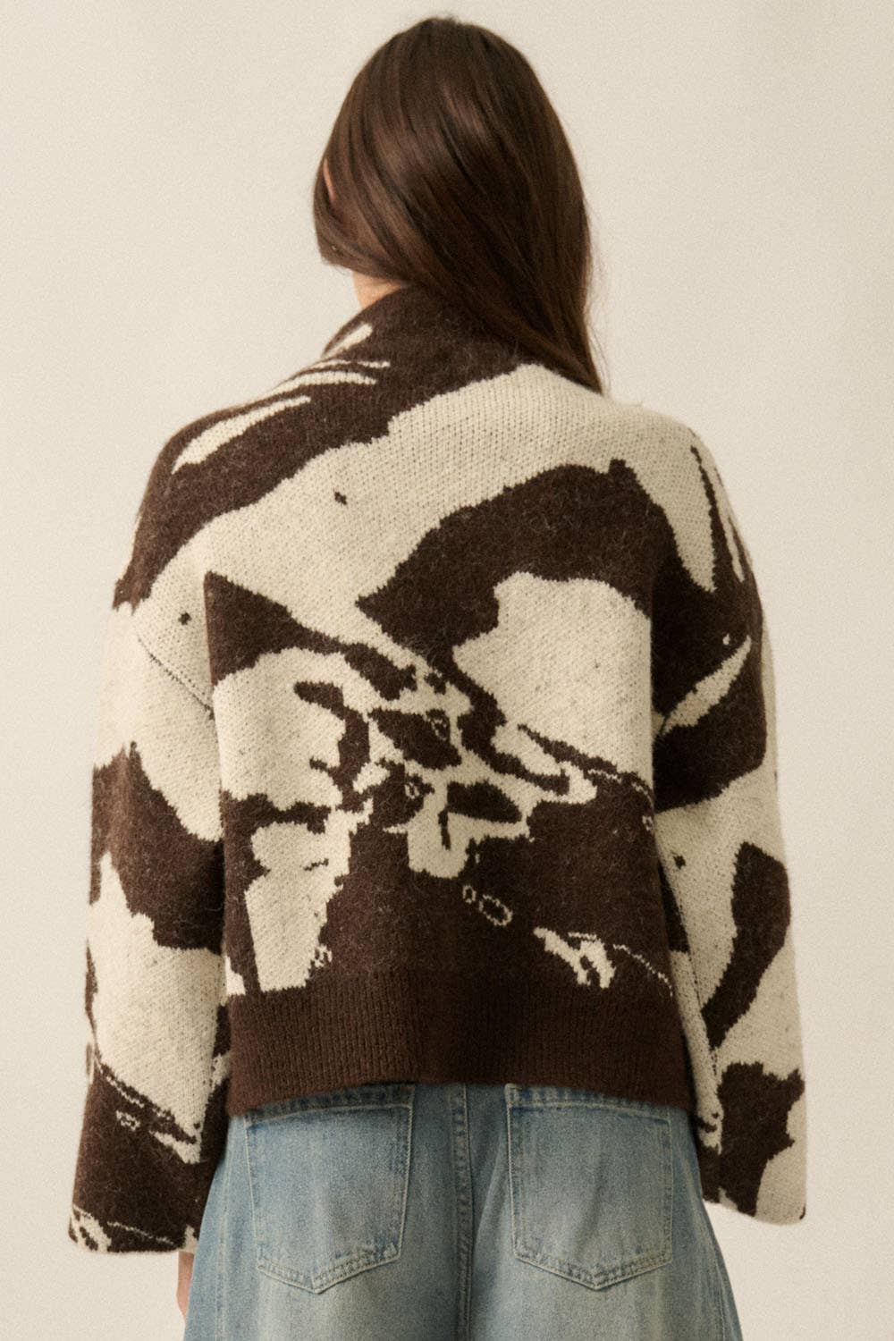 Abstract Jacquard Knit Offset Sweater Jacket