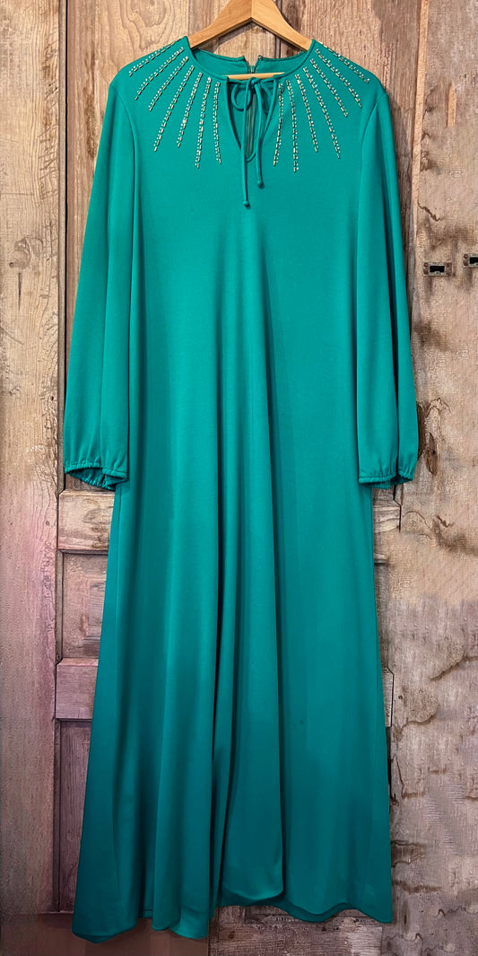 70's Green Beaded Neck Long Sleeve Dress