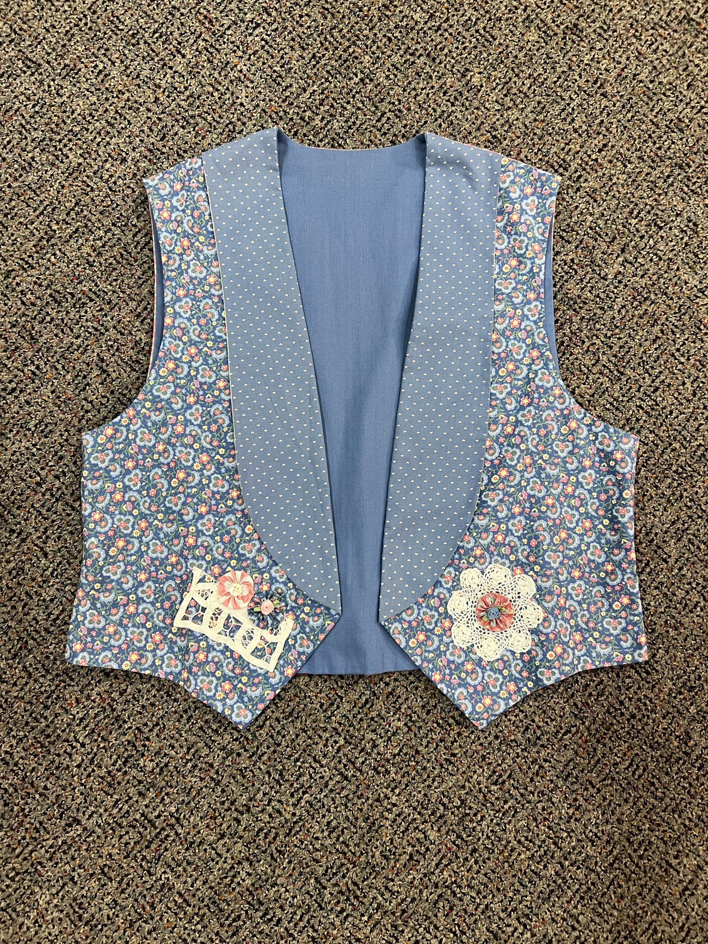 70's Handmade Blue Floral Patterned Vest
